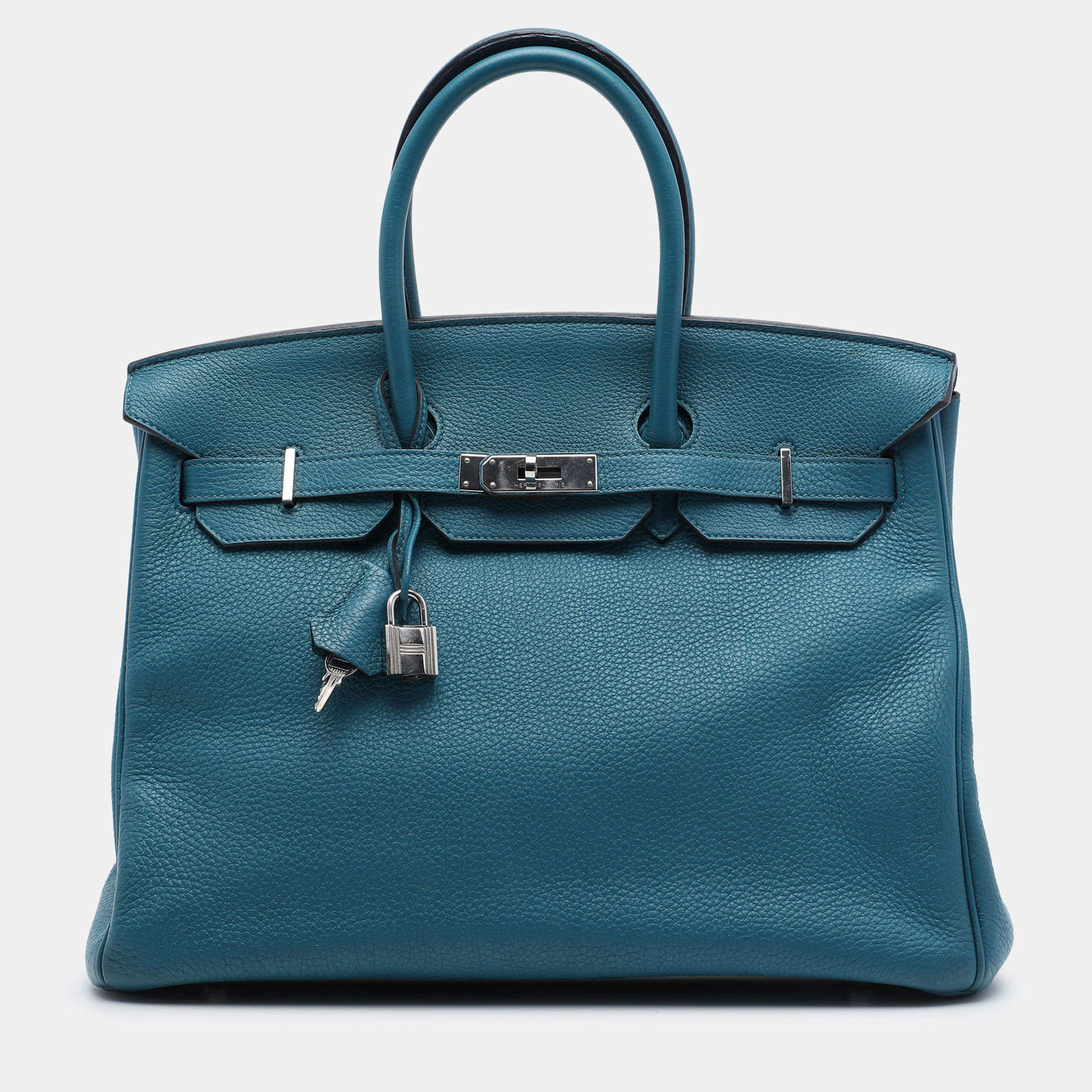 Pre Owned Hermes Birkin 35 Blue Izmir Togo Calfskin Leather Top Handle Bag