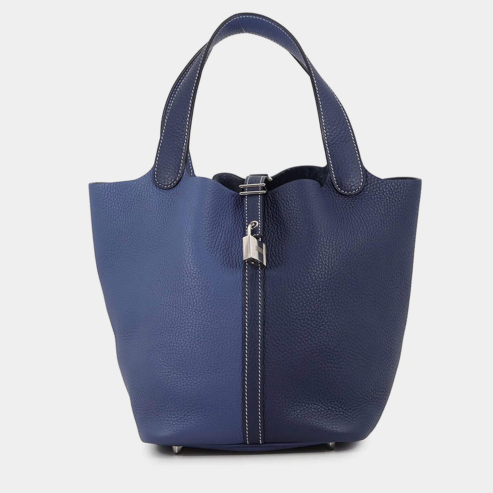 مملوكة مسبقًا Hermes Picotin Lock Casaque Blue Saphir/Blue Brighton Taurillon Clemence Size MM