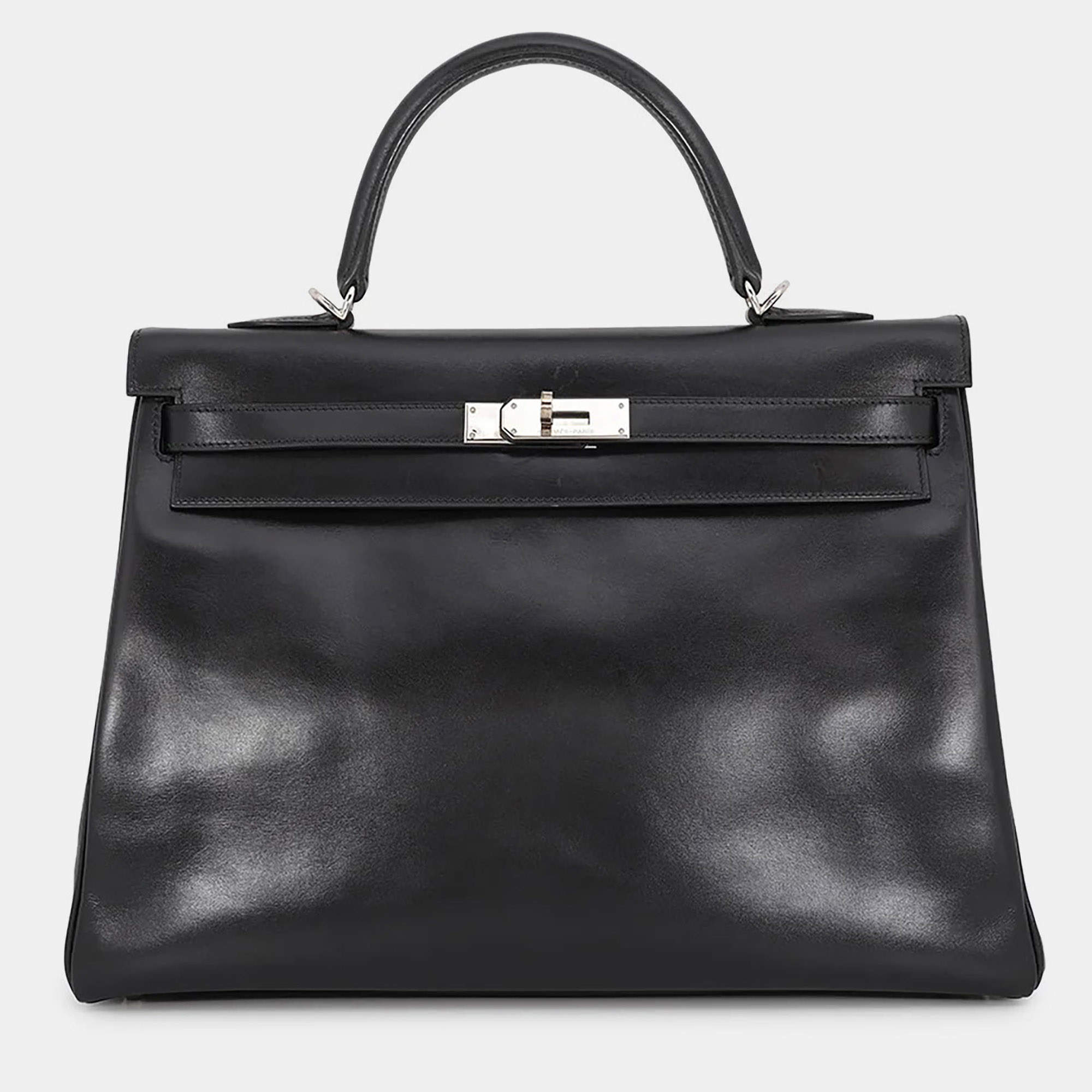 Pre Owned Hermes Kelly Retourne 35 Black Box Calfskin Leather Top Handle Bag
