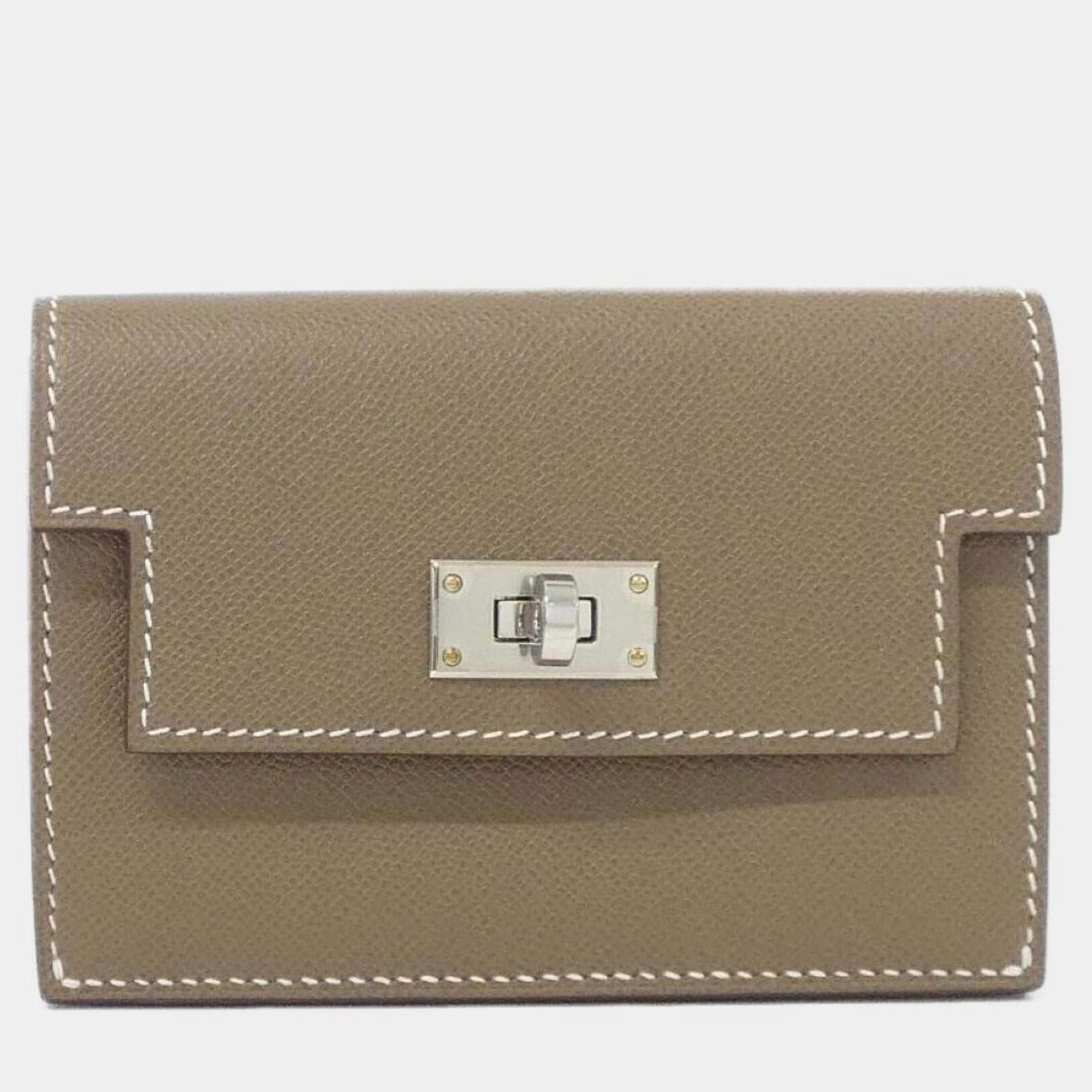 Pre Owned Hermes Kelly Pocket Slim Etoupe Madame Calfskin Leather Wallet