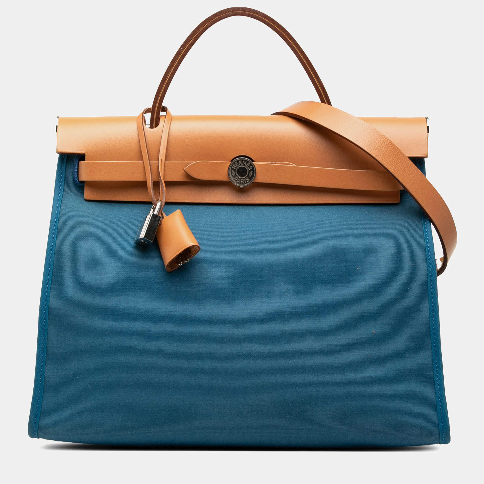 Pre Owned Hermes Herbag Zip 31 Blue Toile Canvas Vache Hunter Leather Top Handle Bag