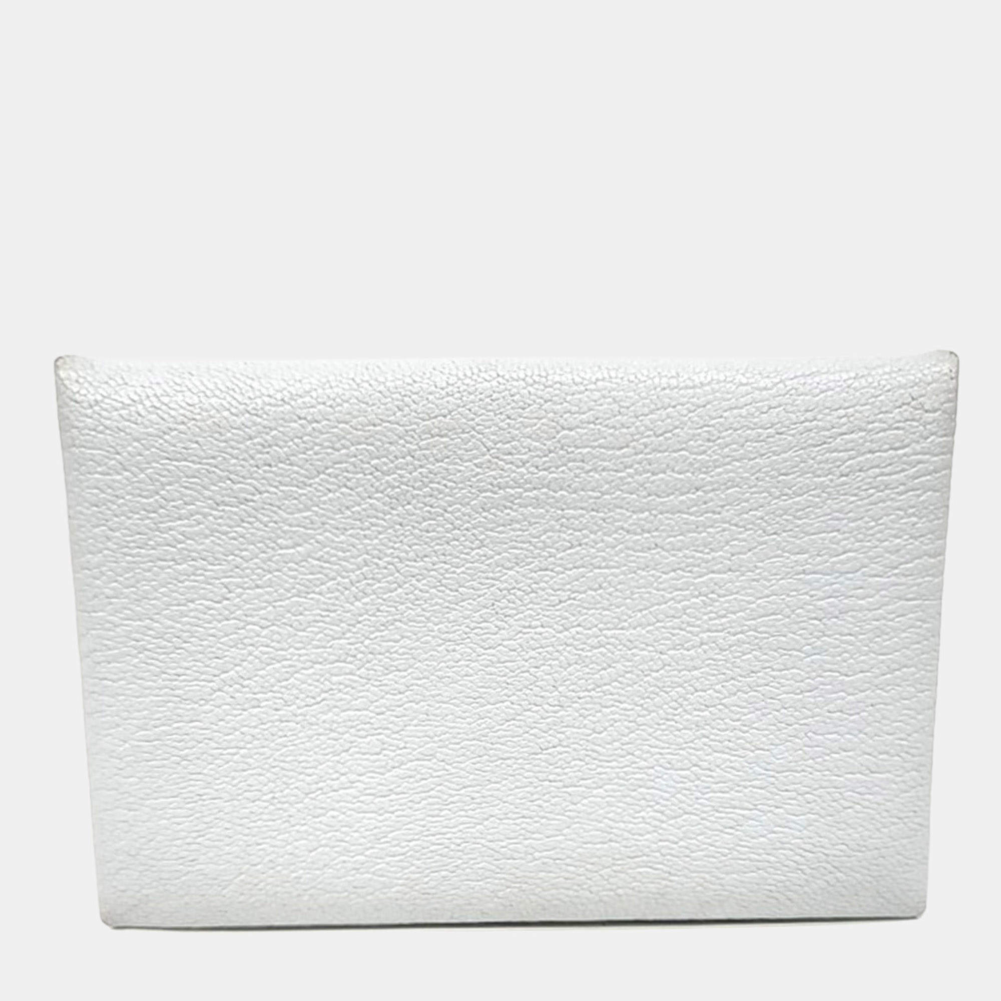 Pre Owned Hermes White Leather Calvi Card Holder (U)