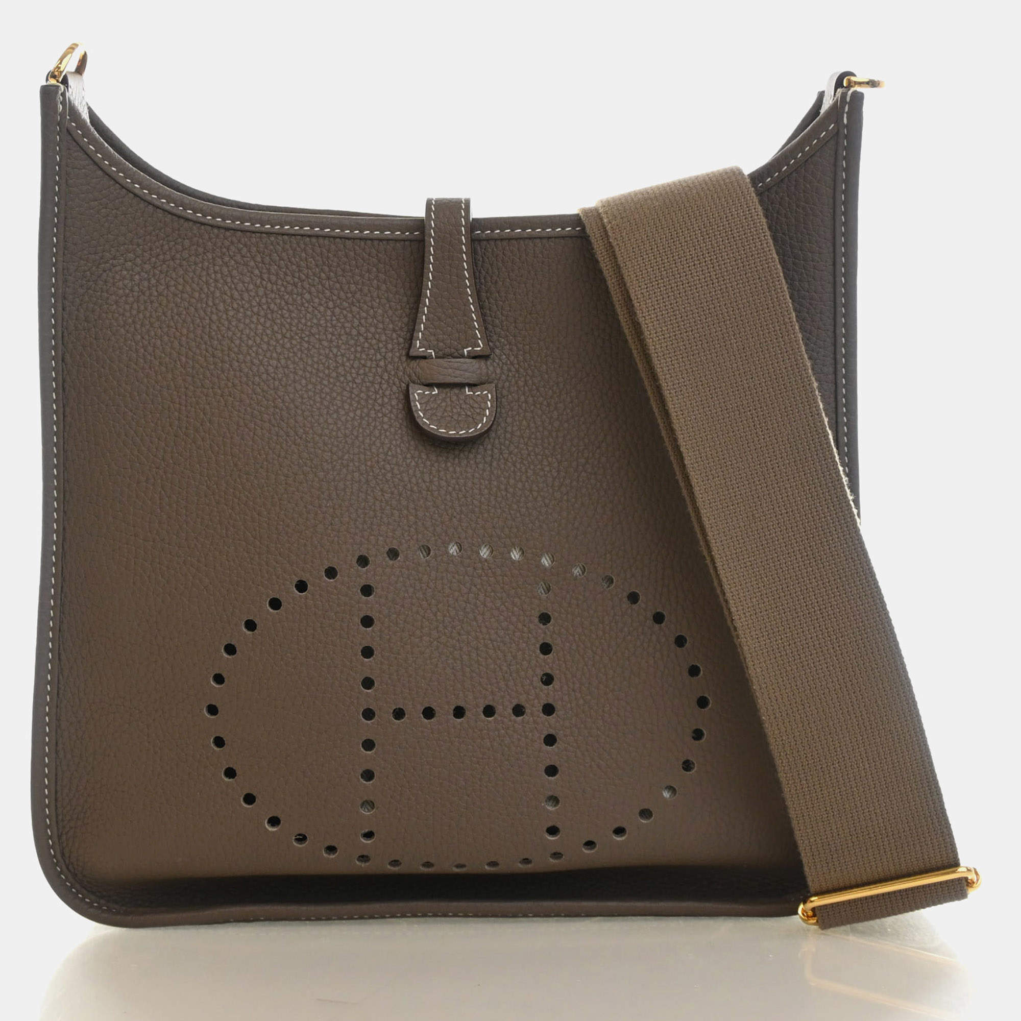 Pre Owned Hermes Evelyne 29 Etoupe Clemence Calfskin Leather Crossbody Bag