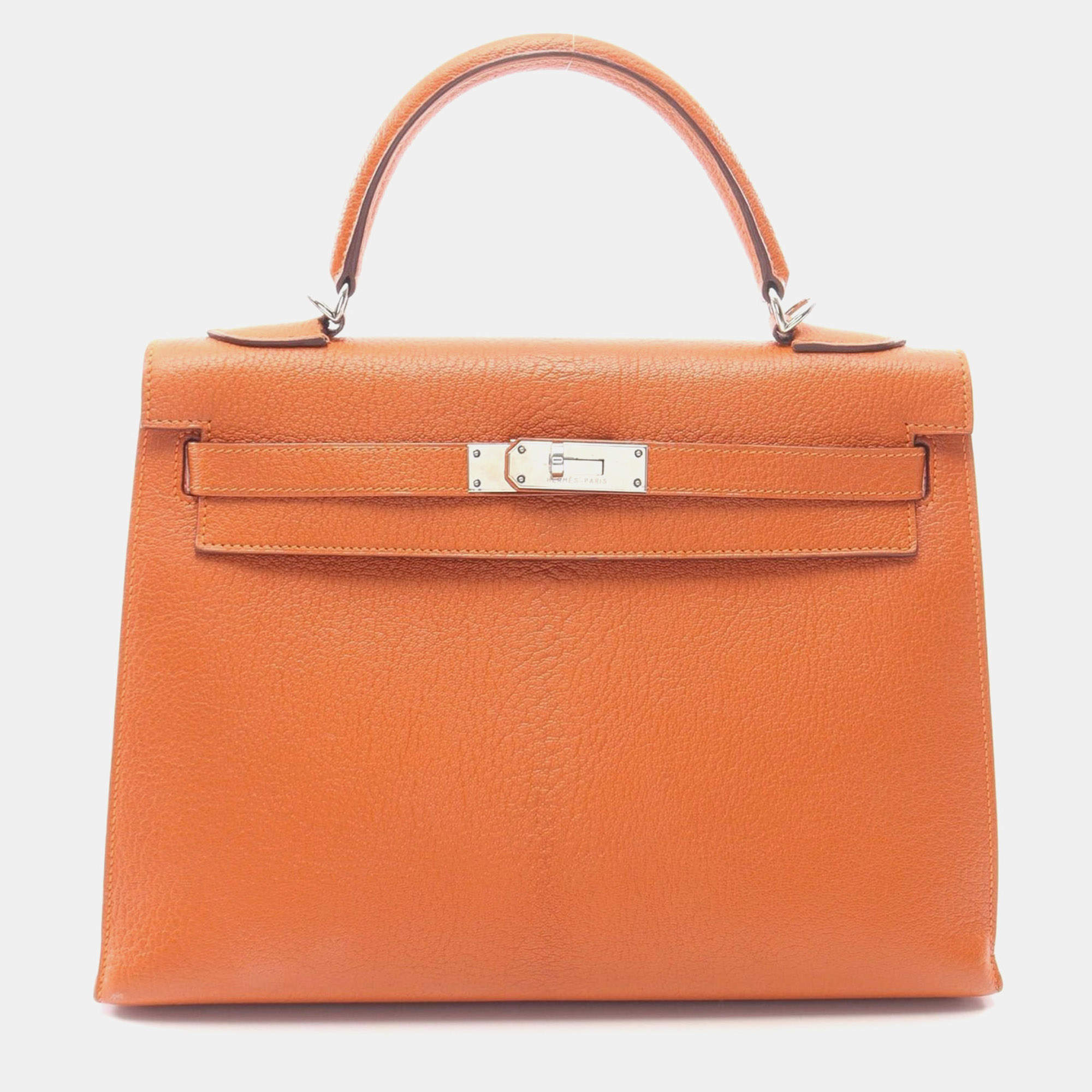 Pre Owned Hermes Kelly 32 Orange Togo Calfskin Leather Palladium Hardware Retourne Top Handle Bag
