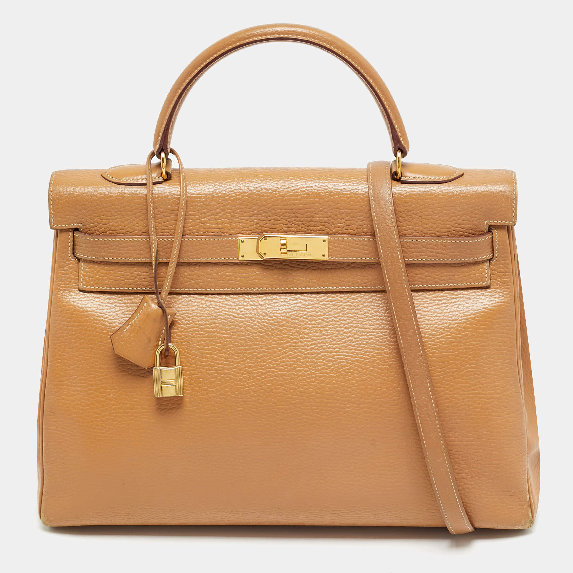 Pre Owned Hermes Kelly Retourne 35 Gold Finish Natural Sable Ardennes Leather Top Handle Bag