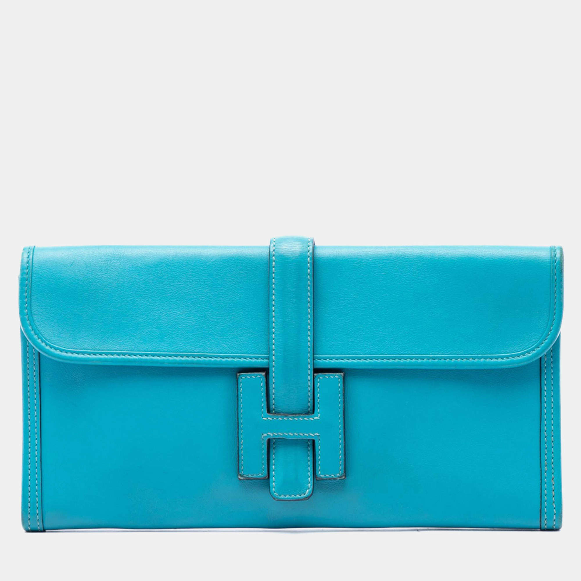 Pre Owned Hermes Jige Elan 29 Blue Zanzibar Swift Calfskin Leather Clutch Bag
