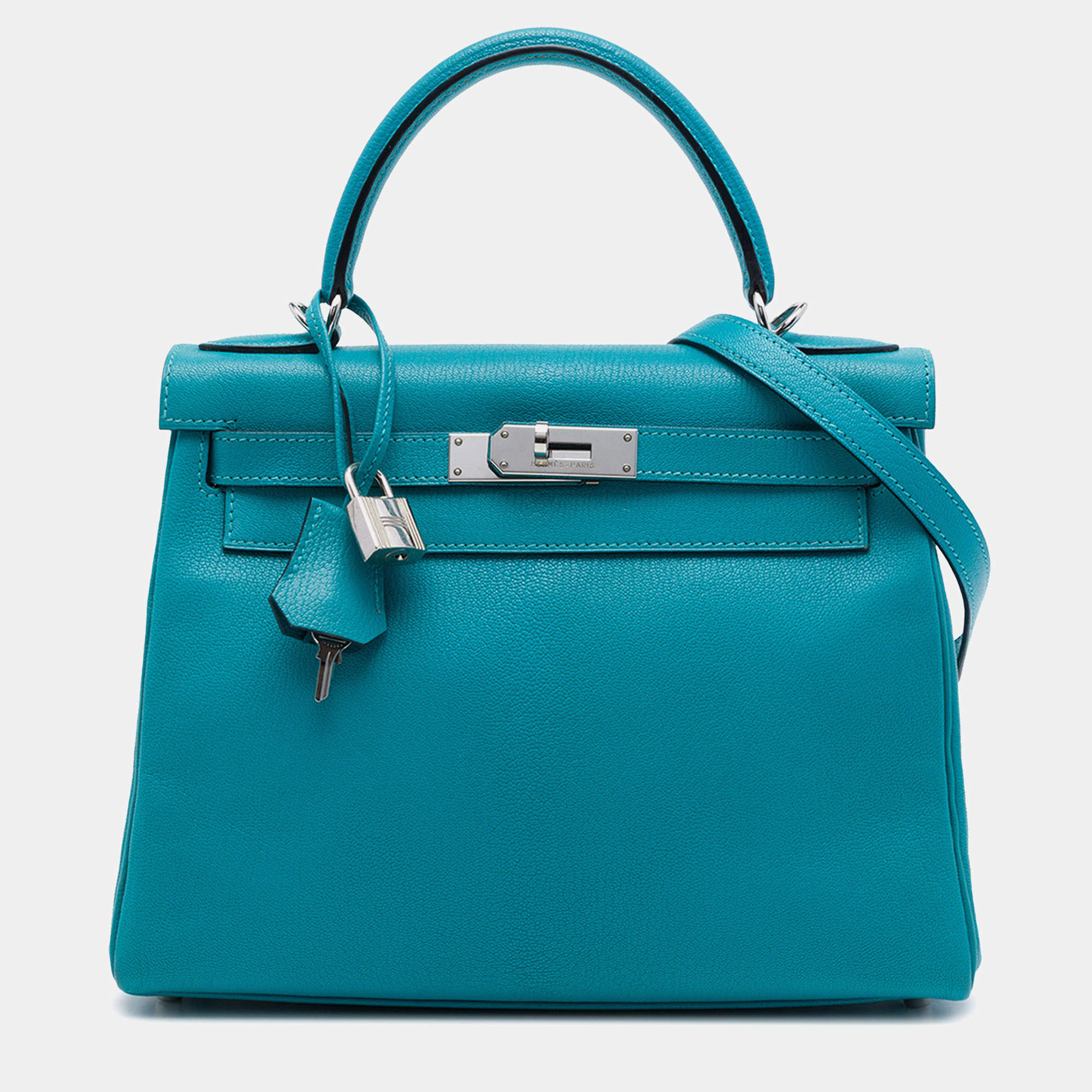 Pre Owned Hermes Kelly 28 Turquoise Clemence Leather Palladium Hardware Handbag Bag