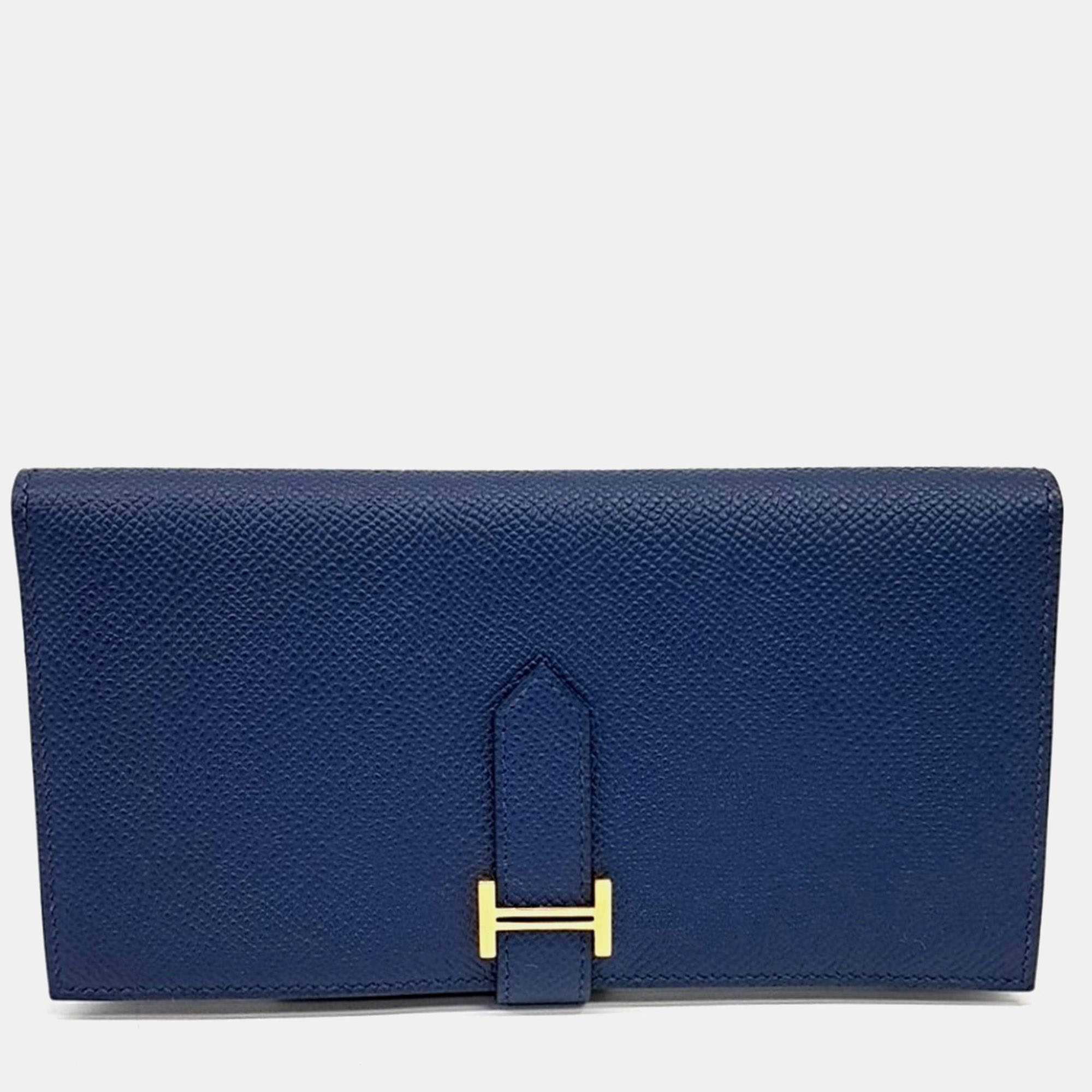 Pre Owned Hermes Bearn Long Wallet Navy Blue Epsom Leather Wallet Bag