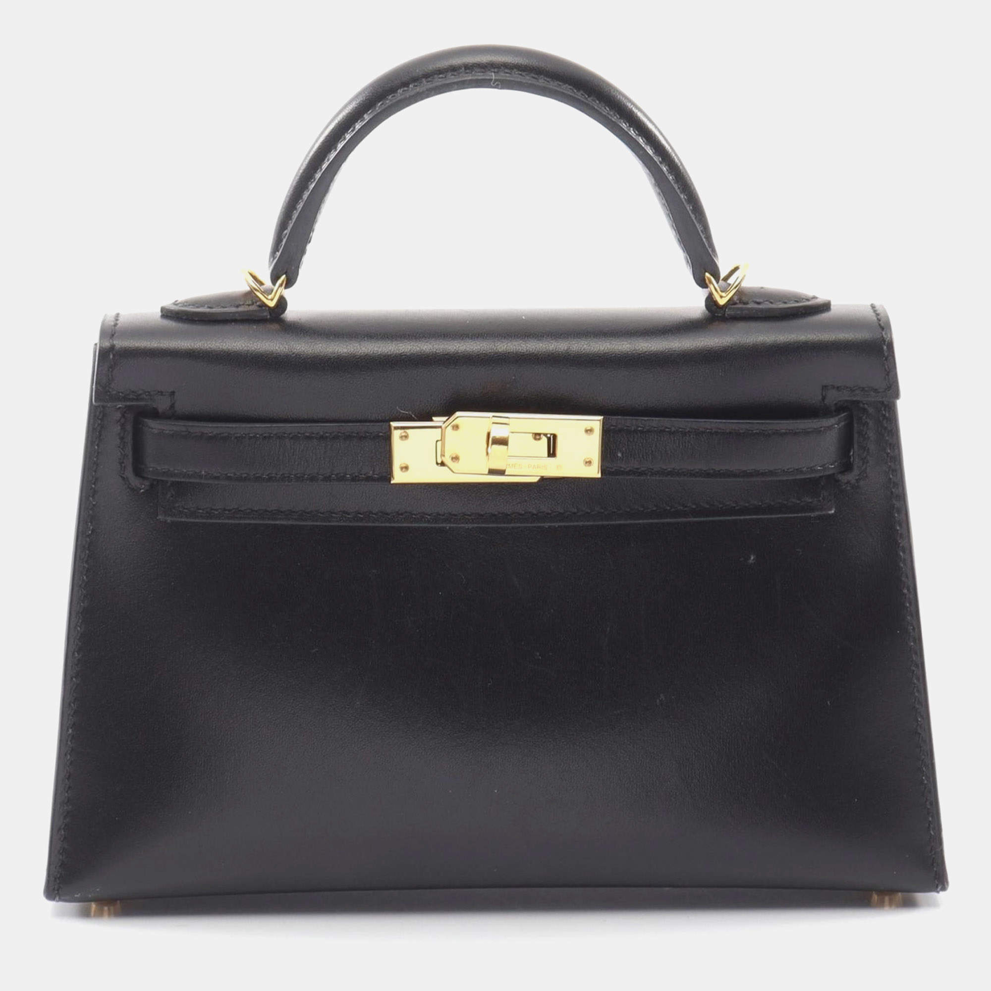 Pre Owned Hermes Mini Kelly II 20 Black Box Calfskin Leather Gold Hardware Top Handle Bag