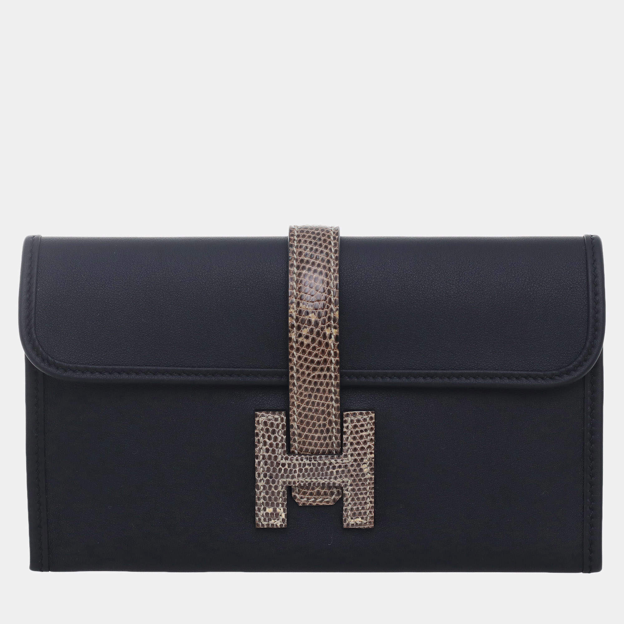 Pre Owned Hermes Jige Elan Duo Black Swift Calfskin Leather Lizard Clutch Bag