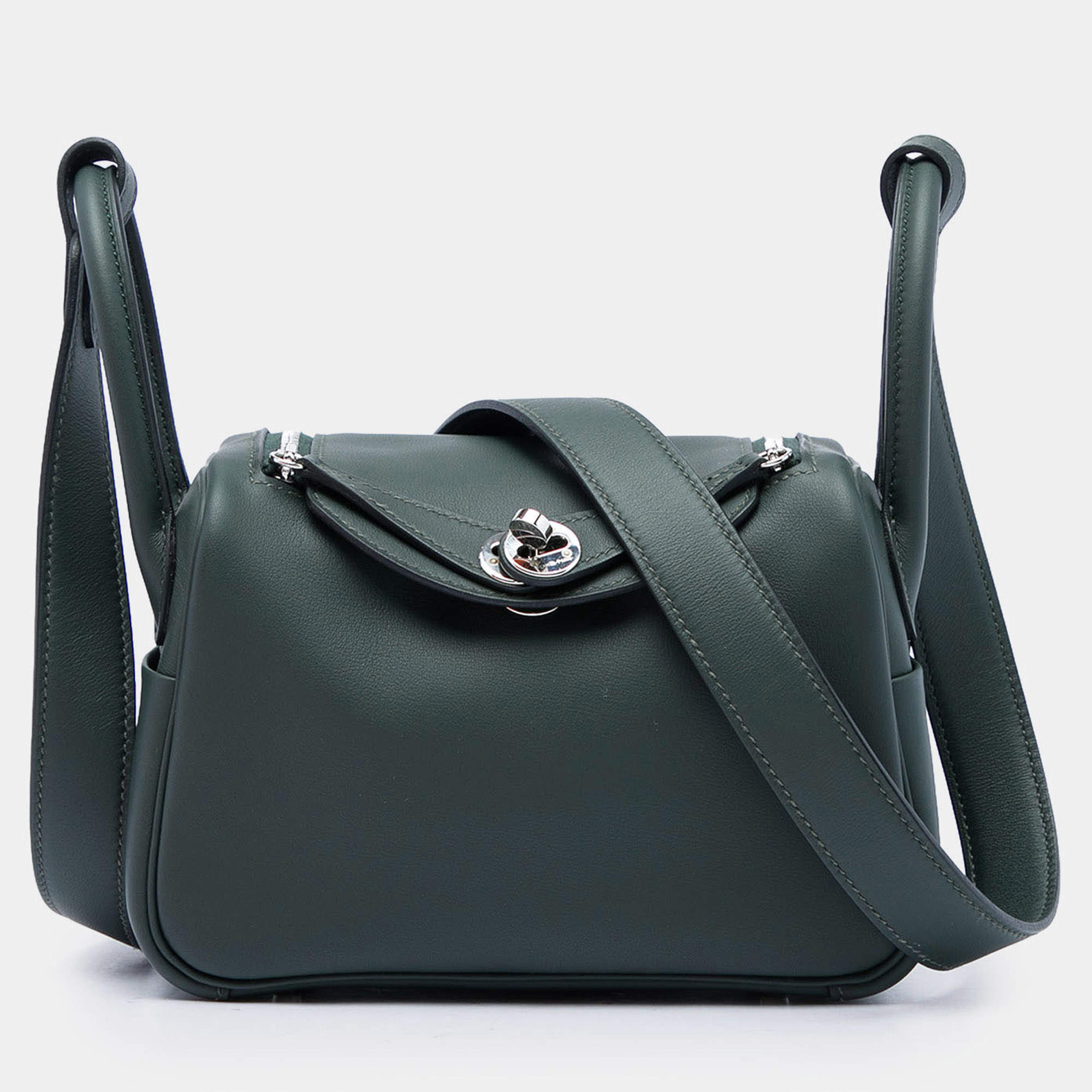 Pre Owned Hermes Mini Lindy 20 Vert Fonce Clemence Calfskin Leather Shoulder Bag