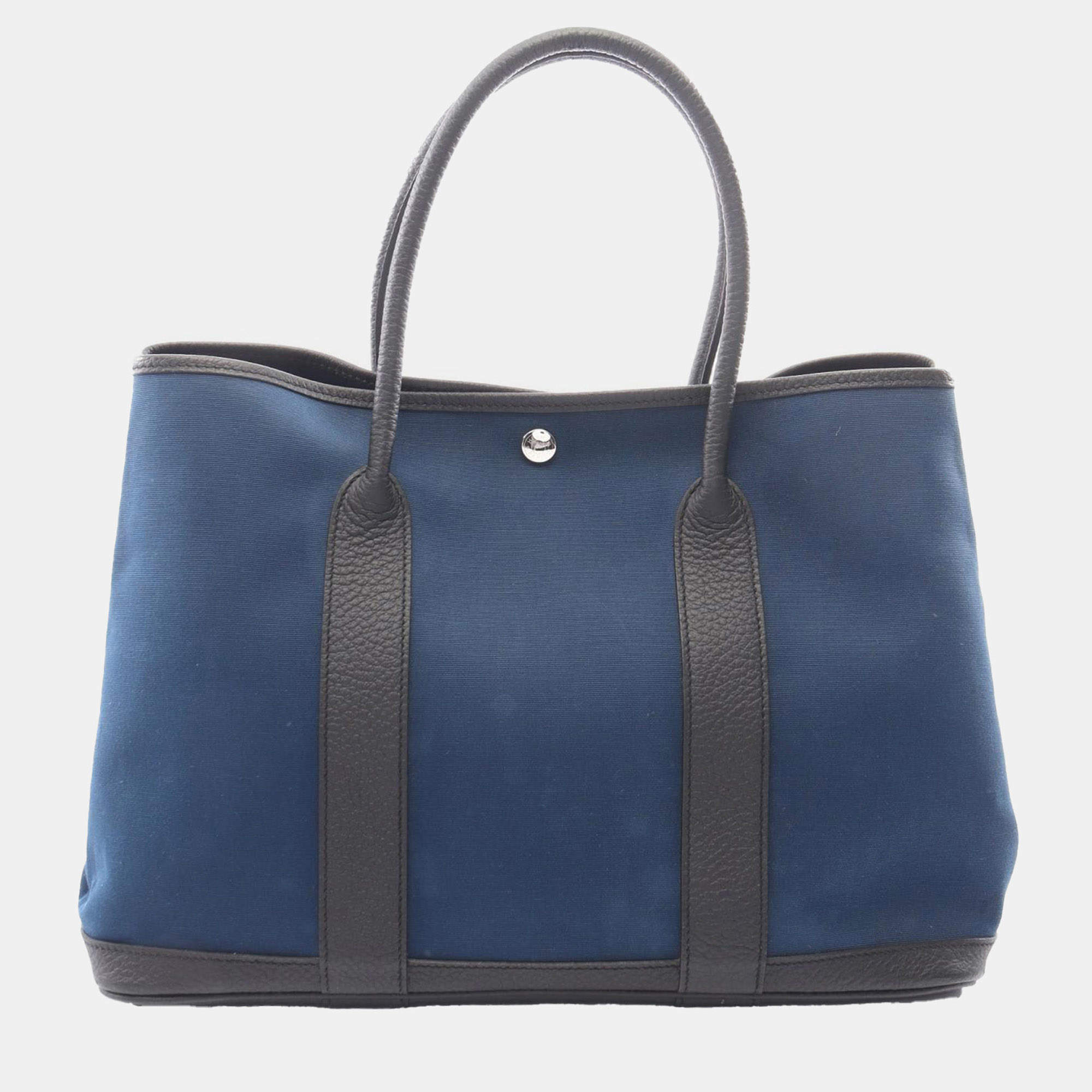 Pre Owned  Hermes Garden Party 36 Bleu Marine Toile Militaire Negonda Calfskin Leather Tote Bag