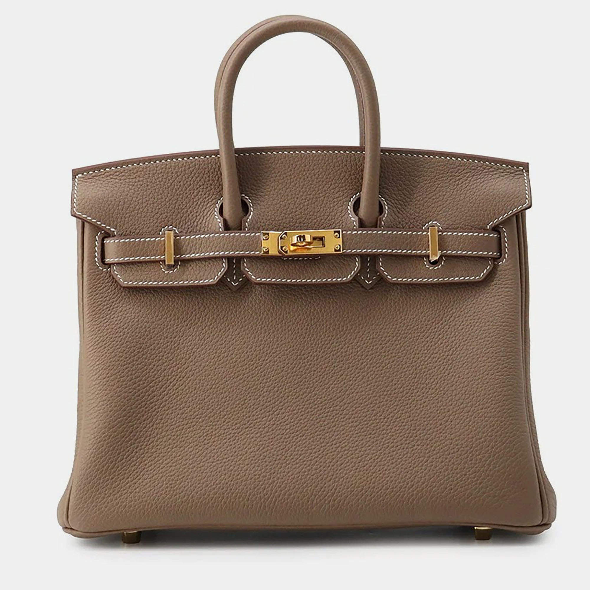Pre Owned Hermes Birkin 25 Etoupe Togo Calfskin Leather Top Handle Bag