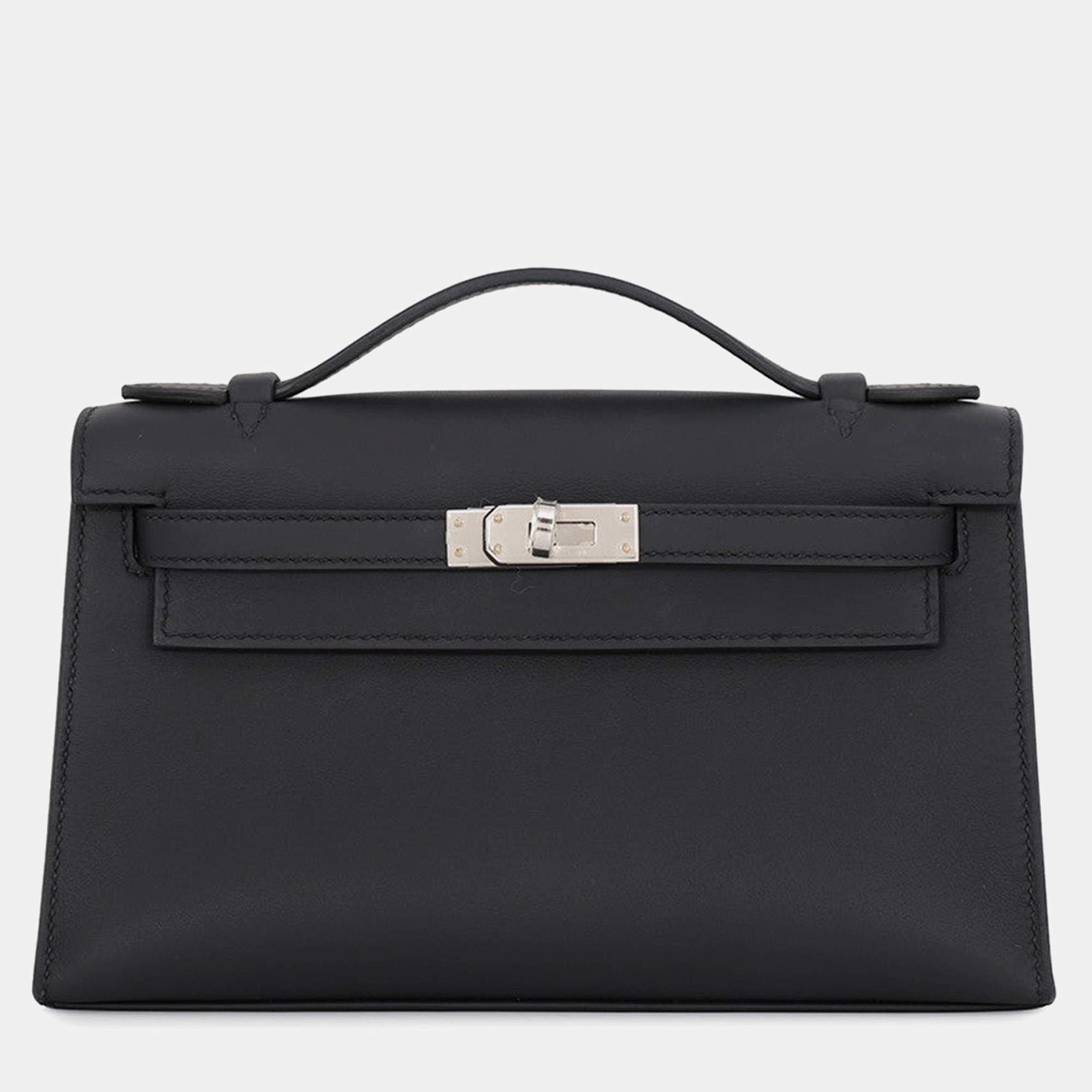 Pre Owned Hermes Pochette Kelly Black Swift Leather Top Handle Bag