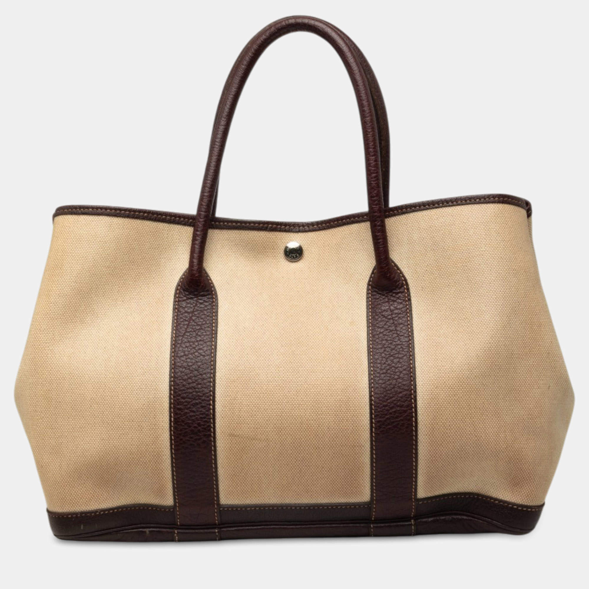 Pre Owned  Hermes Garden Party 36 Beige Brown Toile Canvas Negonda Leather Tote Bag