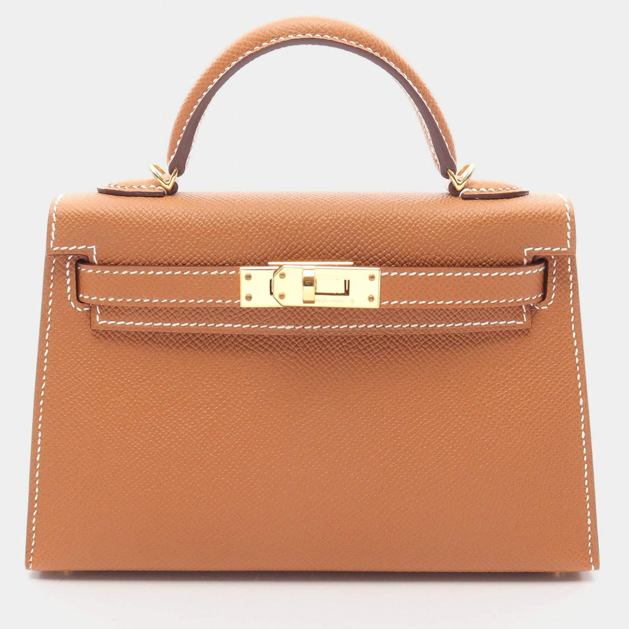 Pre Owned Hermes Mini Kelly 20 Gold Epsom Calfskin Leather Gold Hardware Top Handle Bag