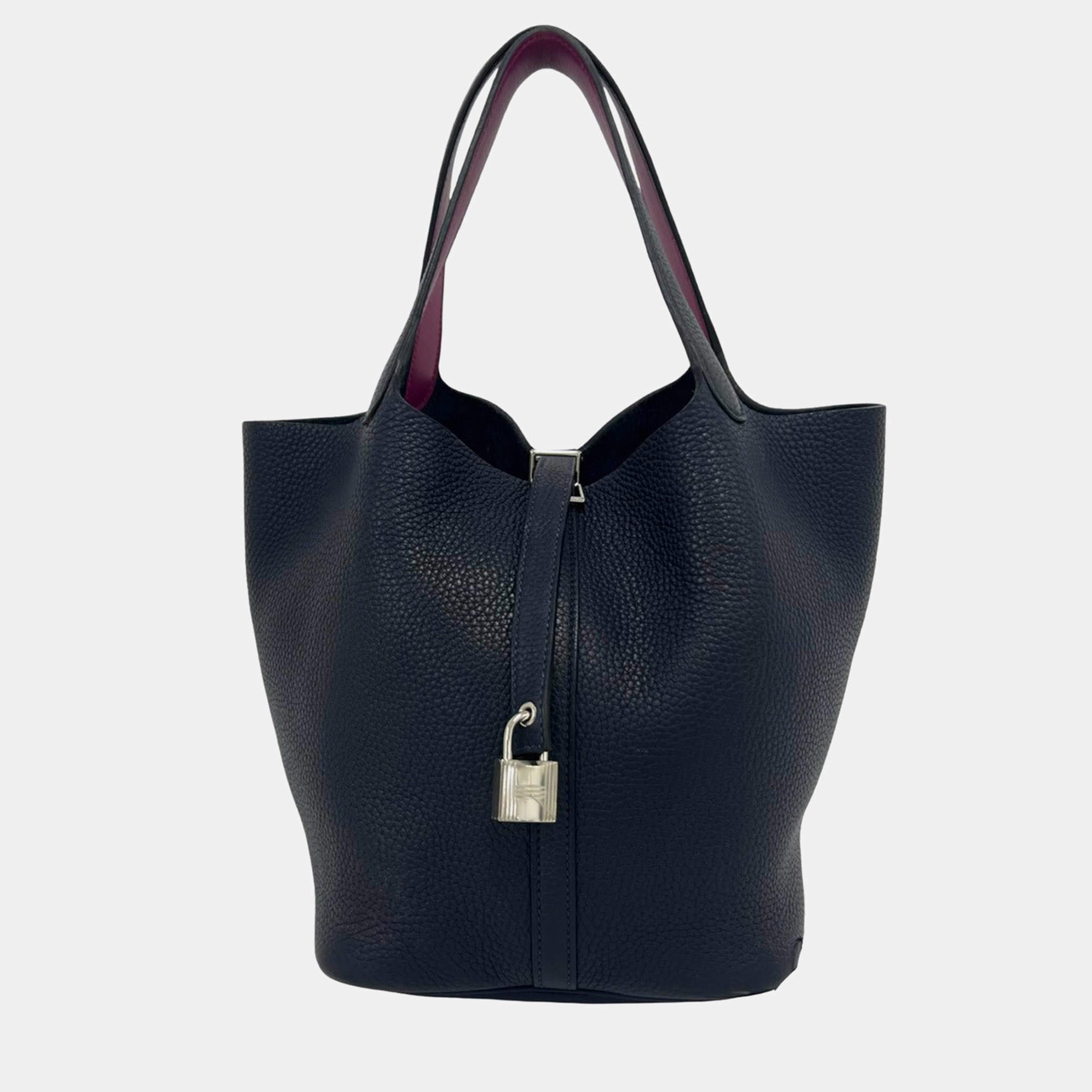 Pre Owned  Hermes Picotin Lock 22 Eclat Bleu Nuit Rose Pourpre Taurillon Clemence Leather Tote Bag