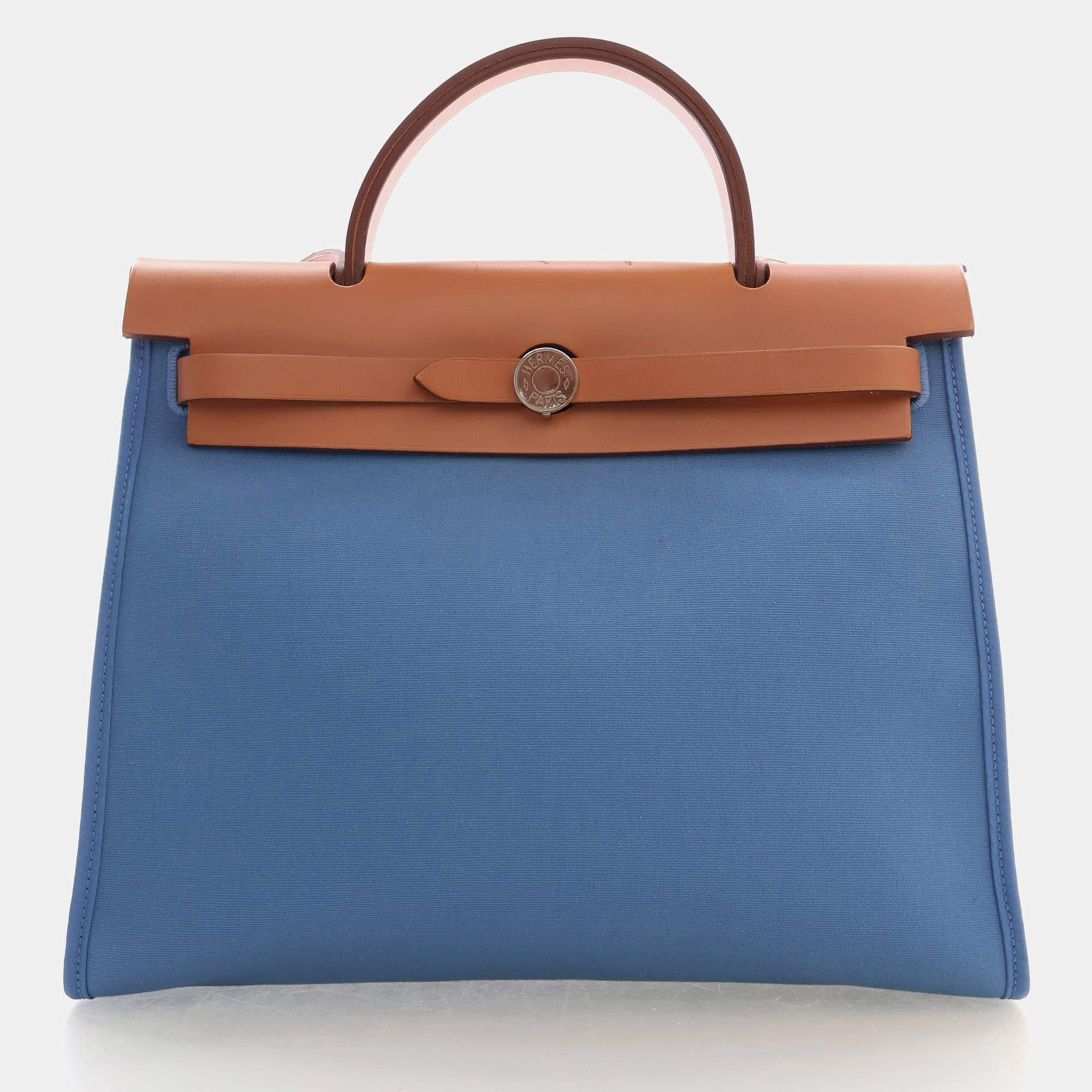 Pre Owned Hermes Herbag Zip 31 Bleu TempÃªte Toile Canvas Vache Hunter Leather Top Handle Bag