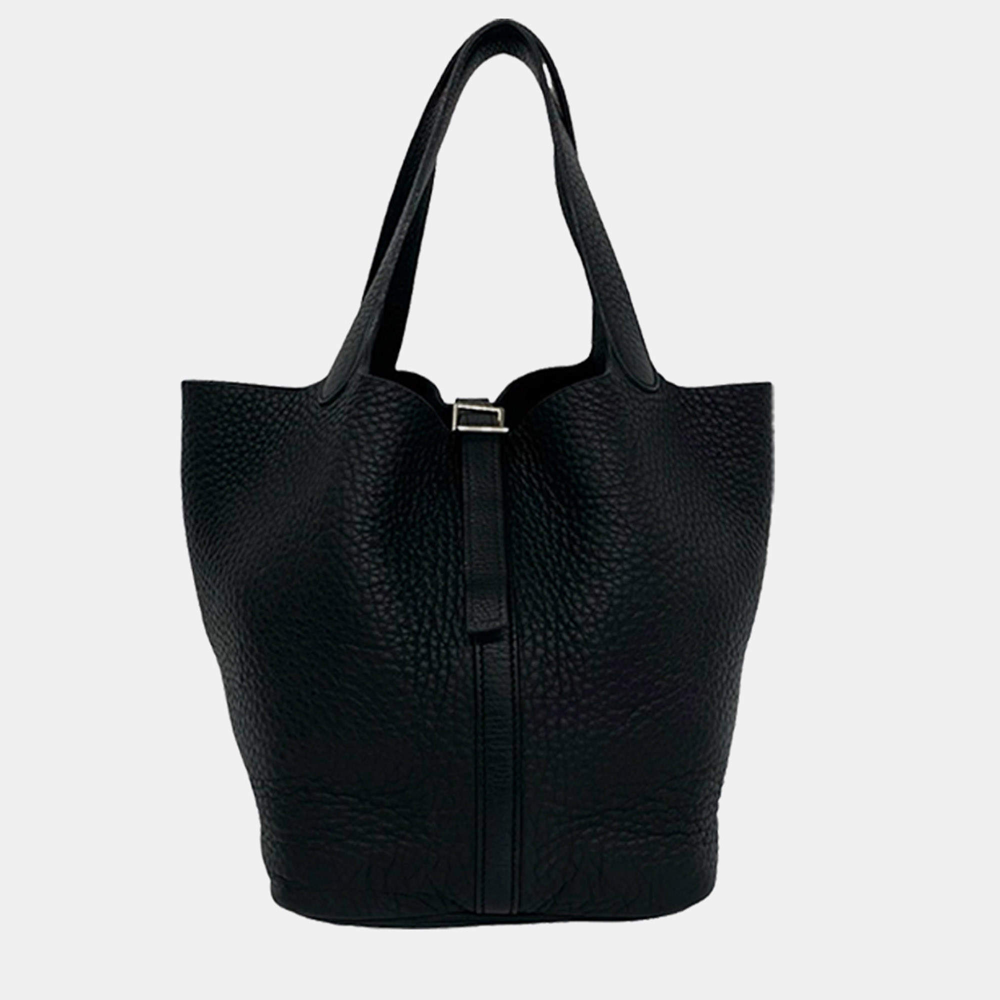 Pre Owned Hermes Picotin Lock 22 Black Taurillon Clemence Leather Tote Bag