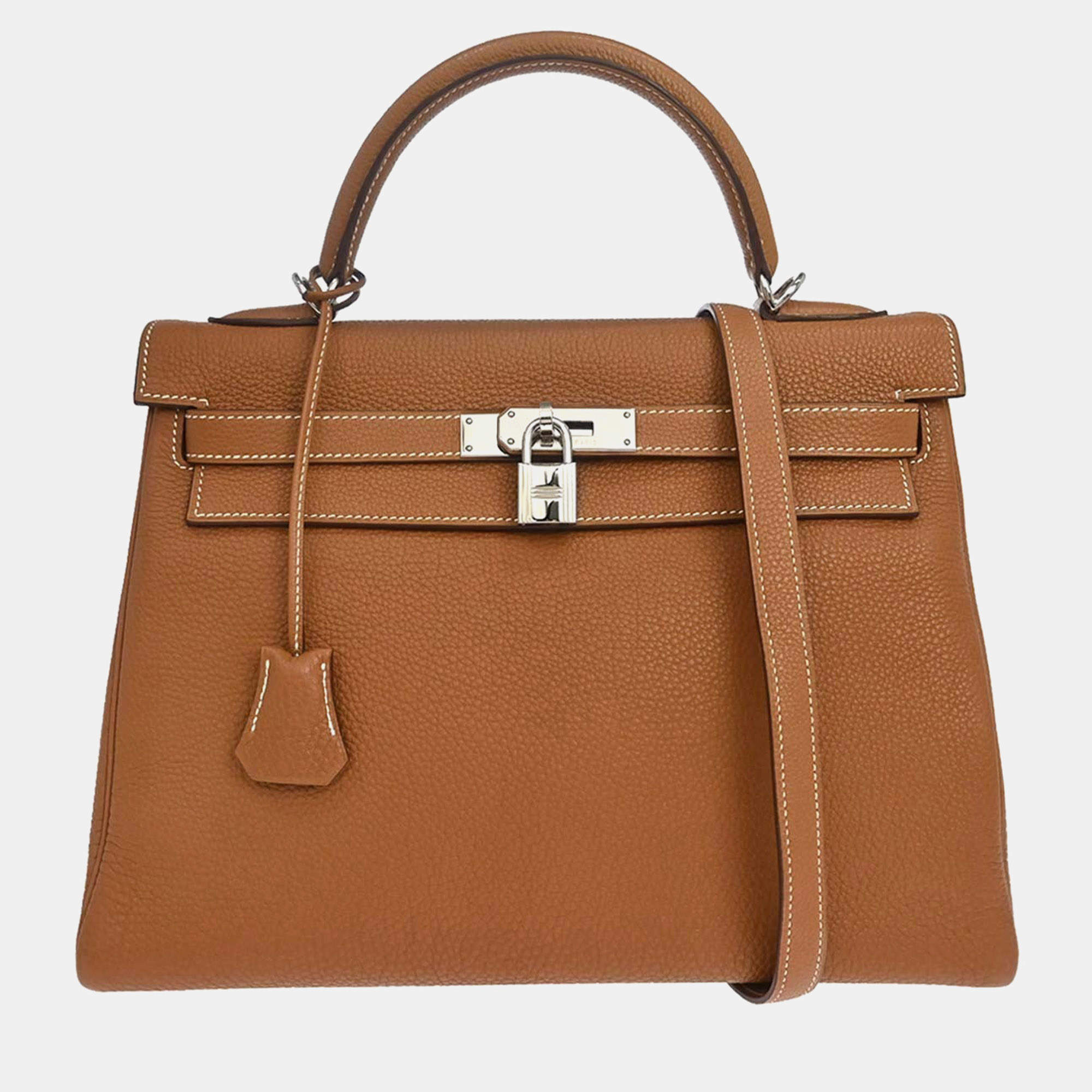 Pre Owned Hermes Kelly Retourne 32 Gold Togo Calfskin Leather Palladium Hardware Top Handle Bag