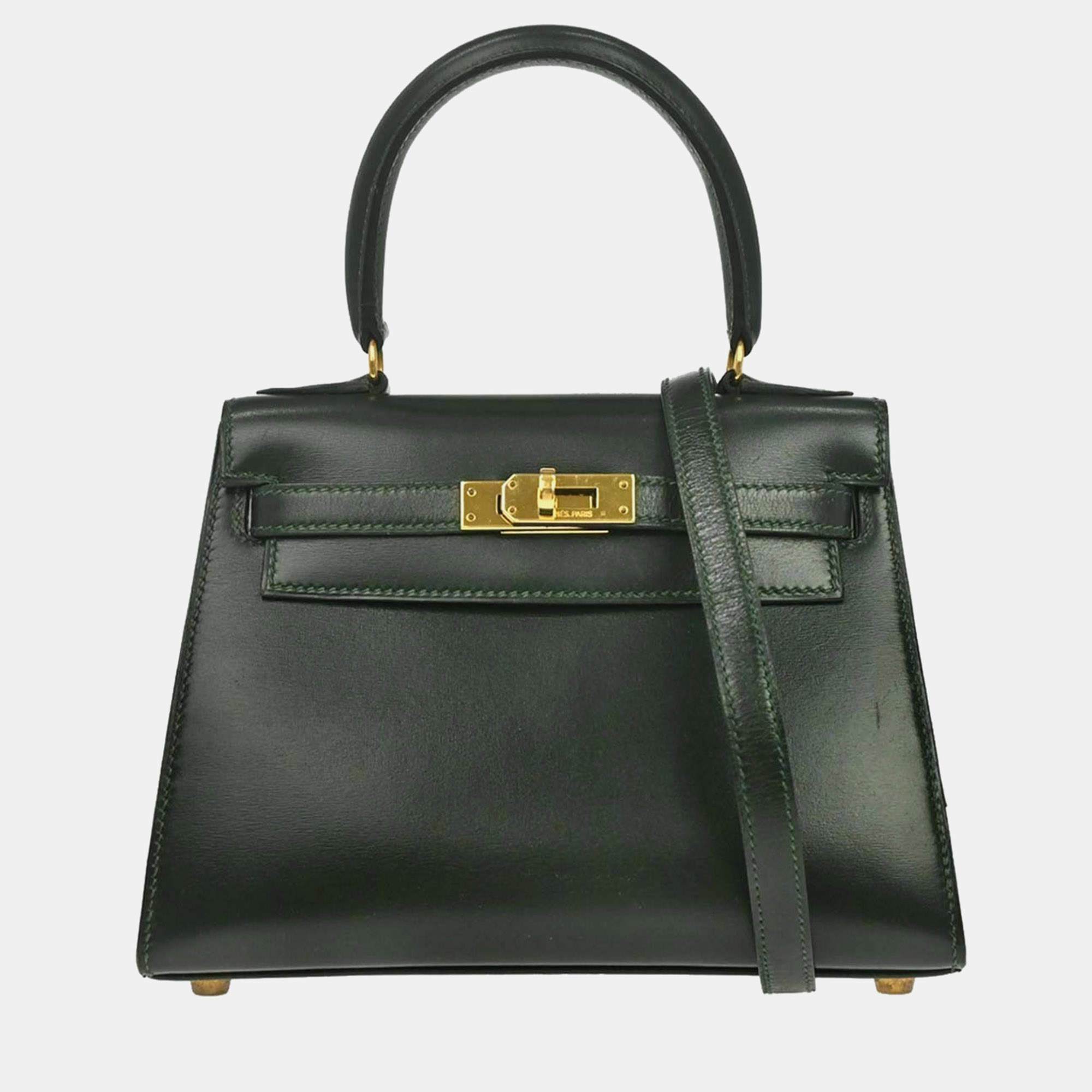 Pre Owned Hermes Mini Kelly 20 Vert Fonce Box Calfskin Leather Sellier Top Handle Bag