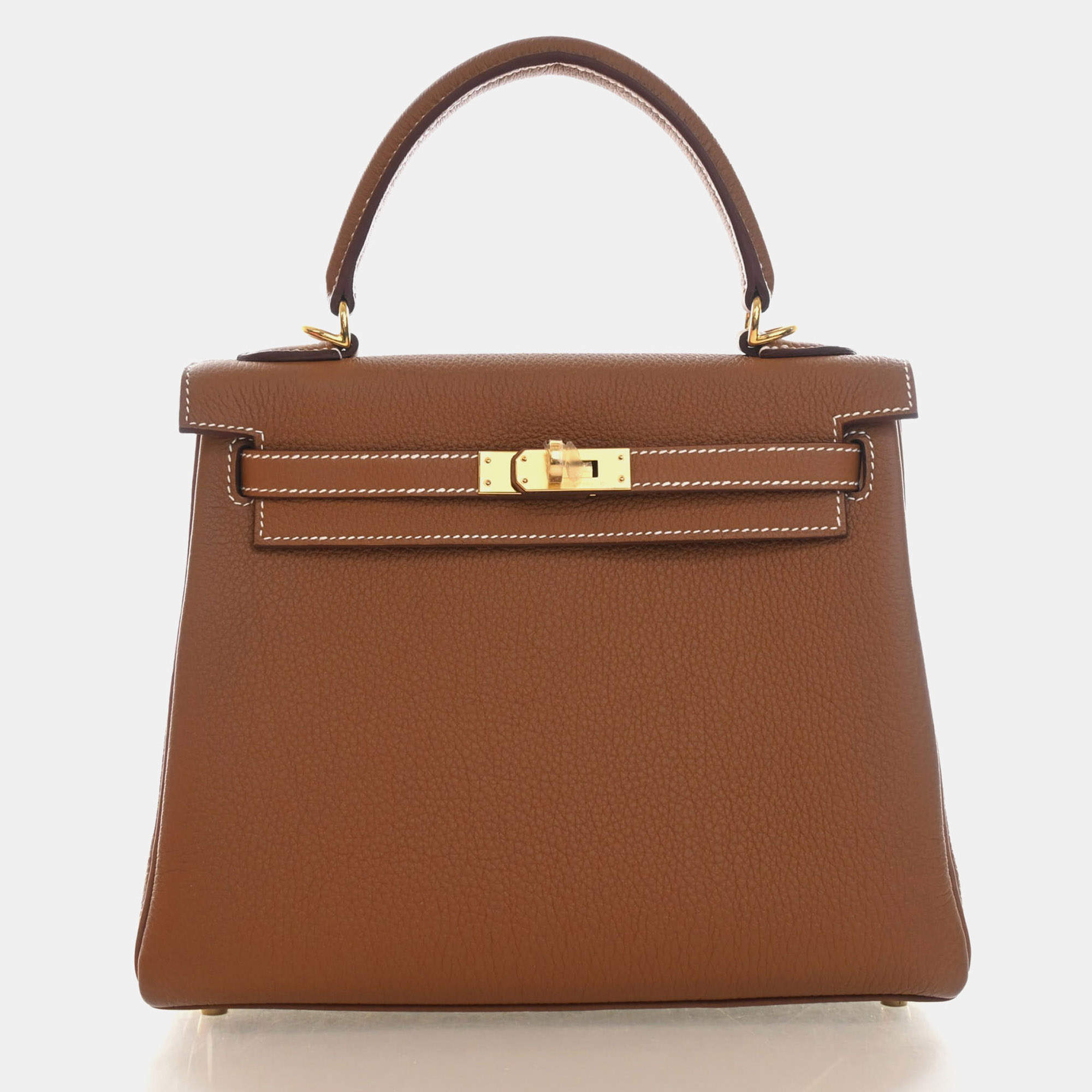 Pre Owned Hermes Kelly Retourne 25 Gold Togo Calfskin Leather Top Handle Bag