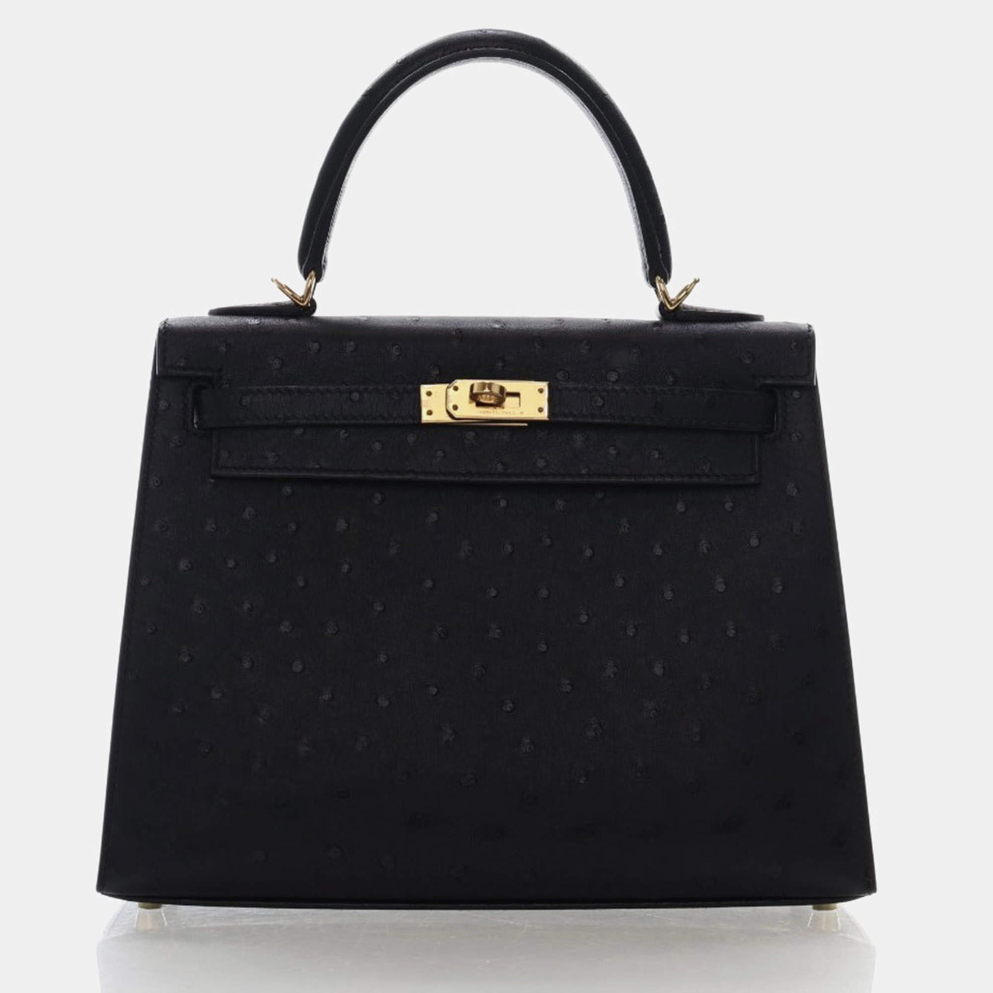 Pre Owned Hermes Kelly 25 Noir Ostrich Leather Sellier Top Handle Bag