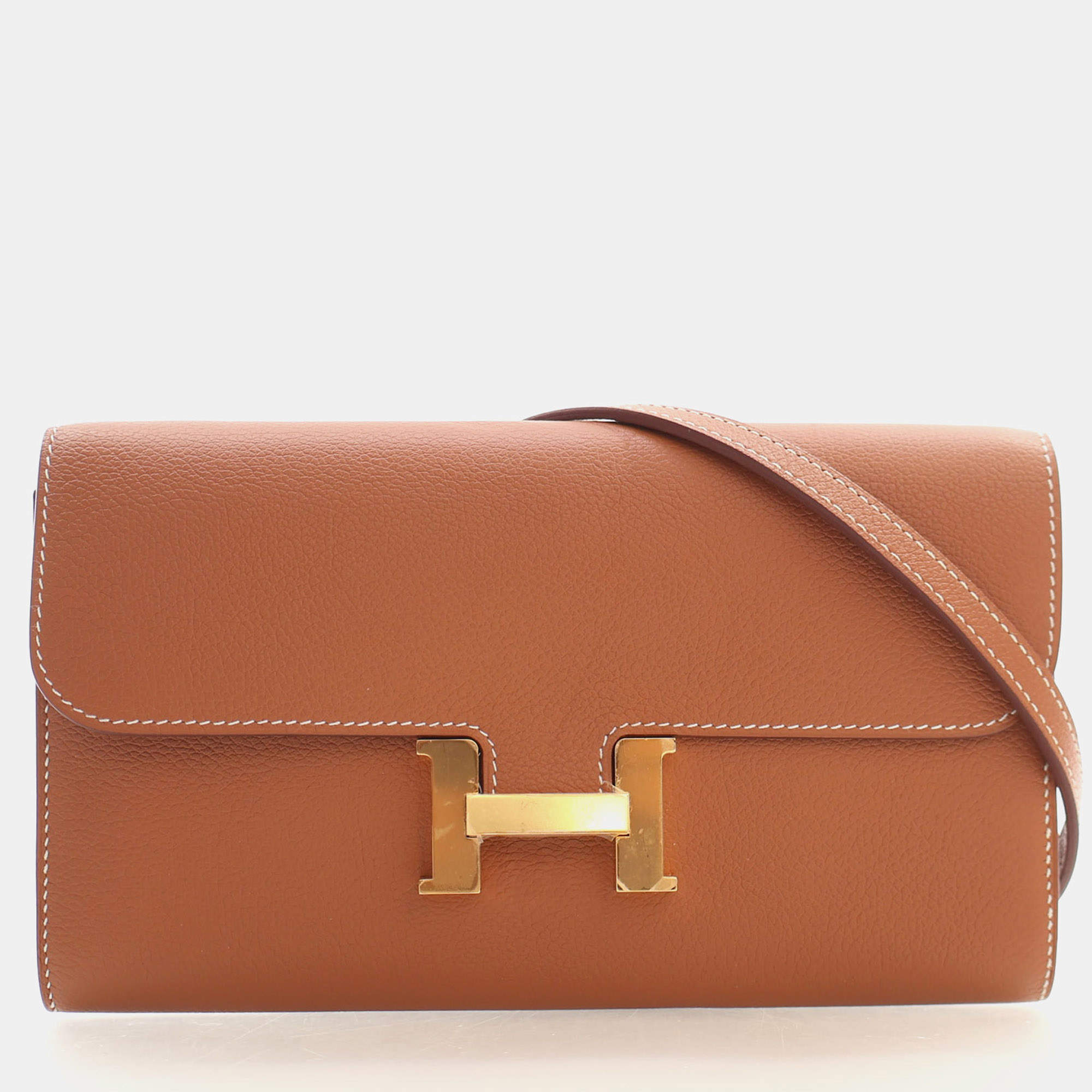 Pre Owned Hermes Constance To Go Gold Evercolor Calfskin Leather Crossbody Bag