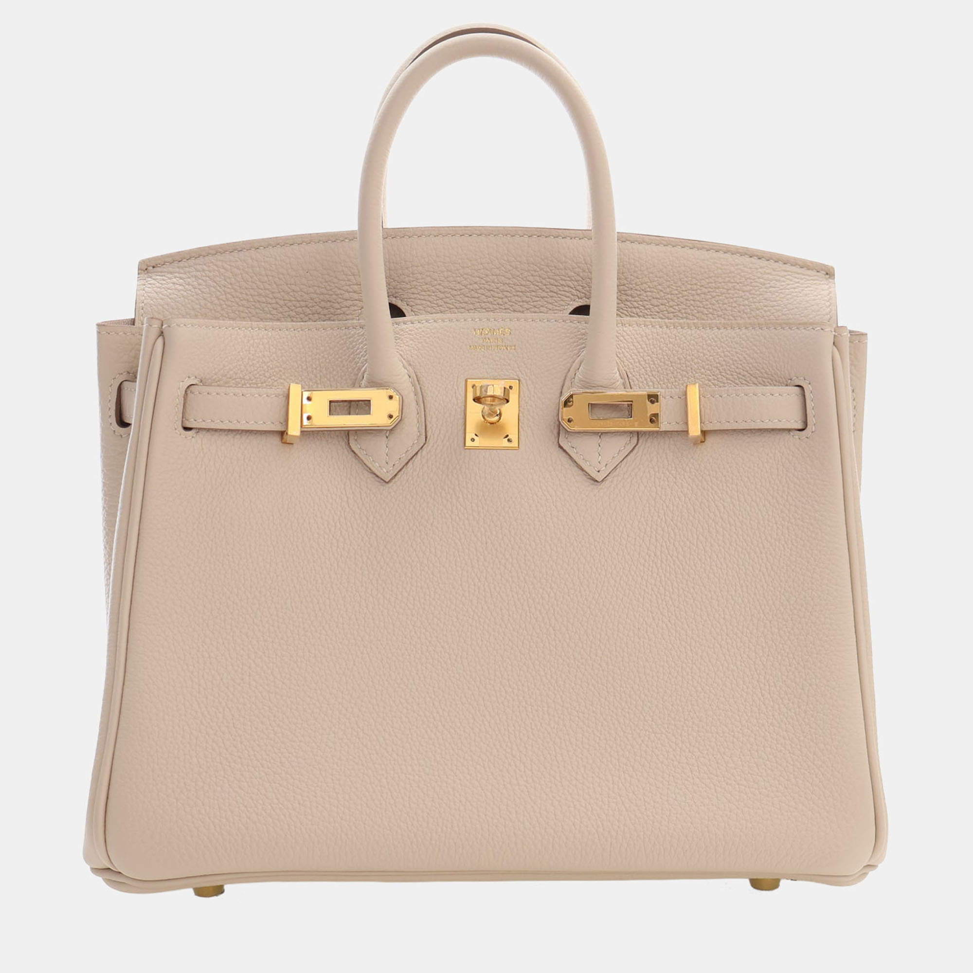 Pre Owned Hermes Birkin 25 Craie Togo Calfskin Leather Gold Hardware Top Handle Bag