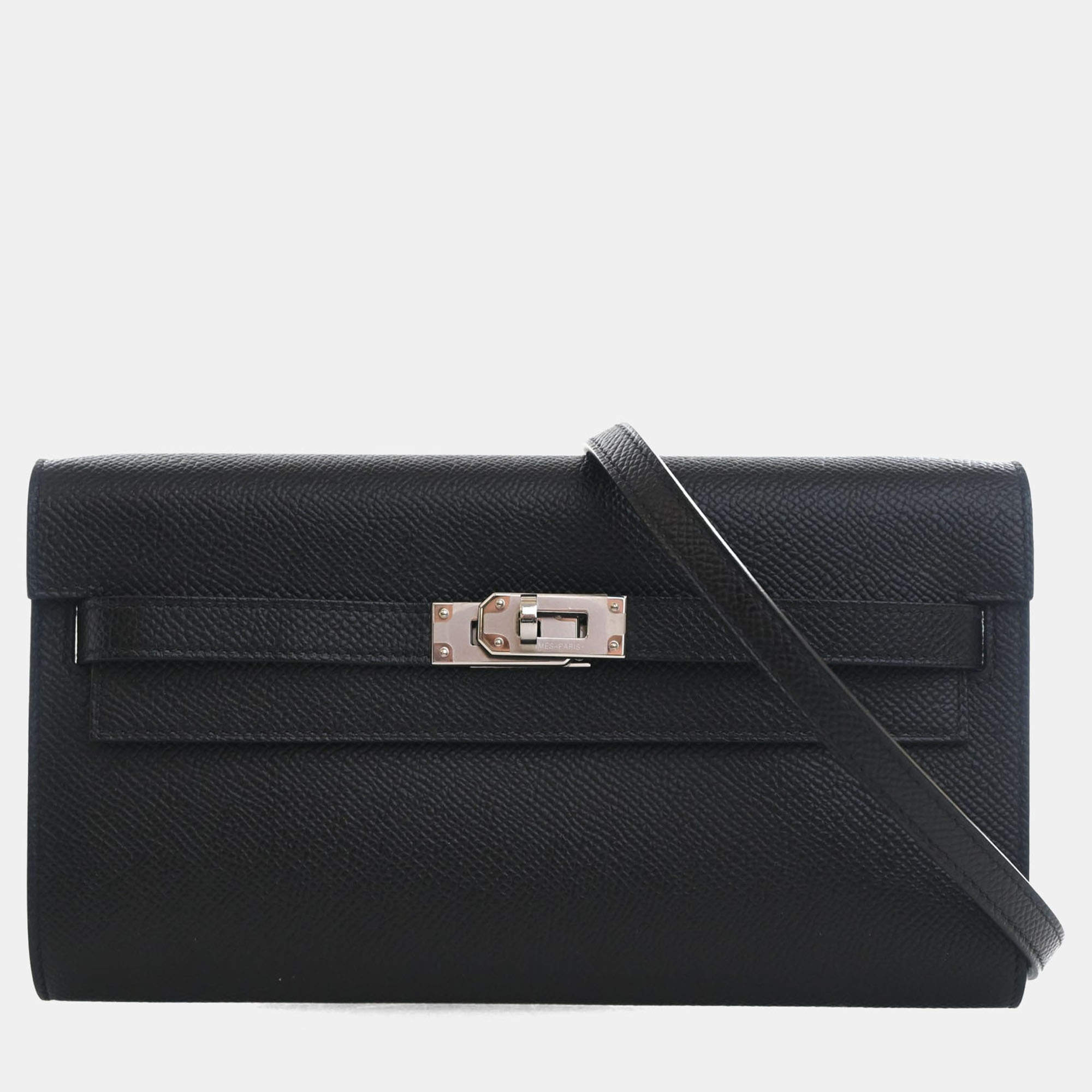 Pre Owned Hermes Kelly Classique To Go Noir Epsom Calfskin Leather Wallet Bag