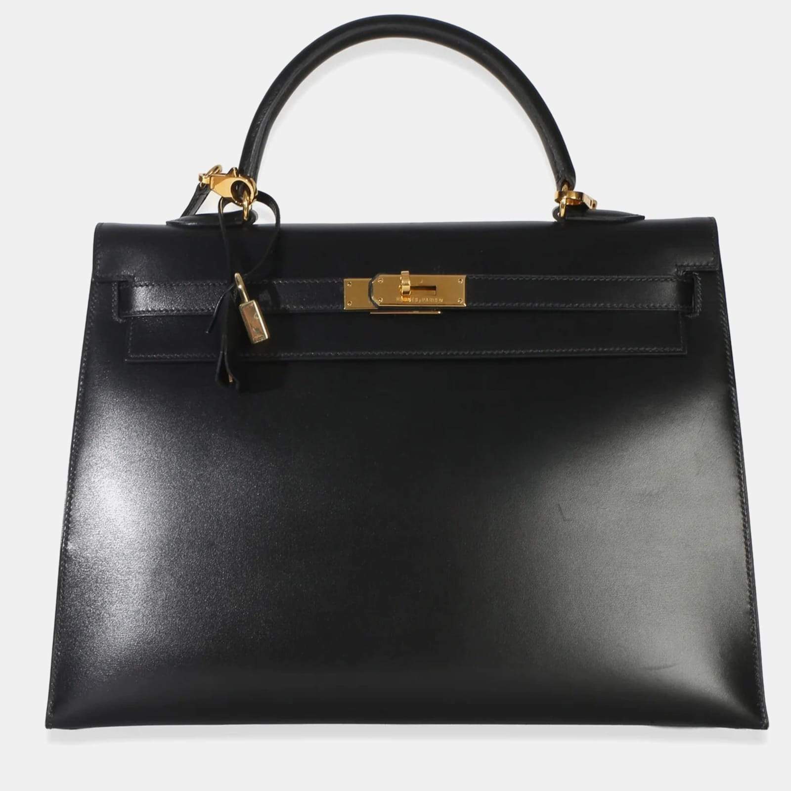 Pre Owned Hermes Vintage Kelly 35 Black Box Calfskin Leather Sellier Top Handle Bag