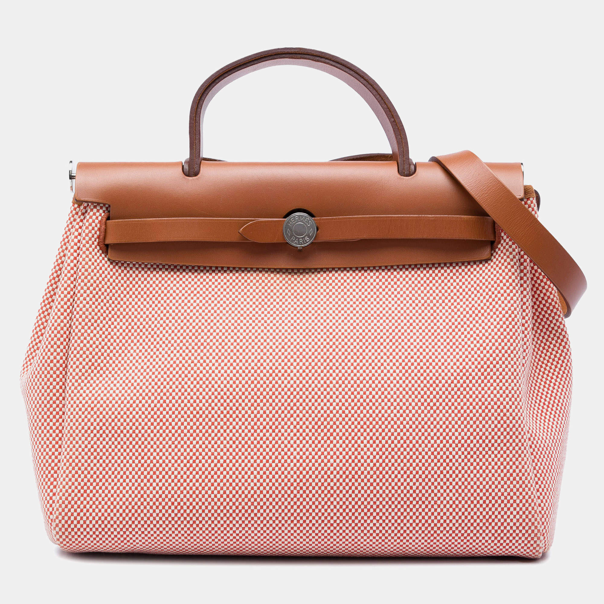 Pre Owned Hermes Herbag Zip 31 Orange Criss Viking Canvas Vache Hunter Leather Top Handle Bag