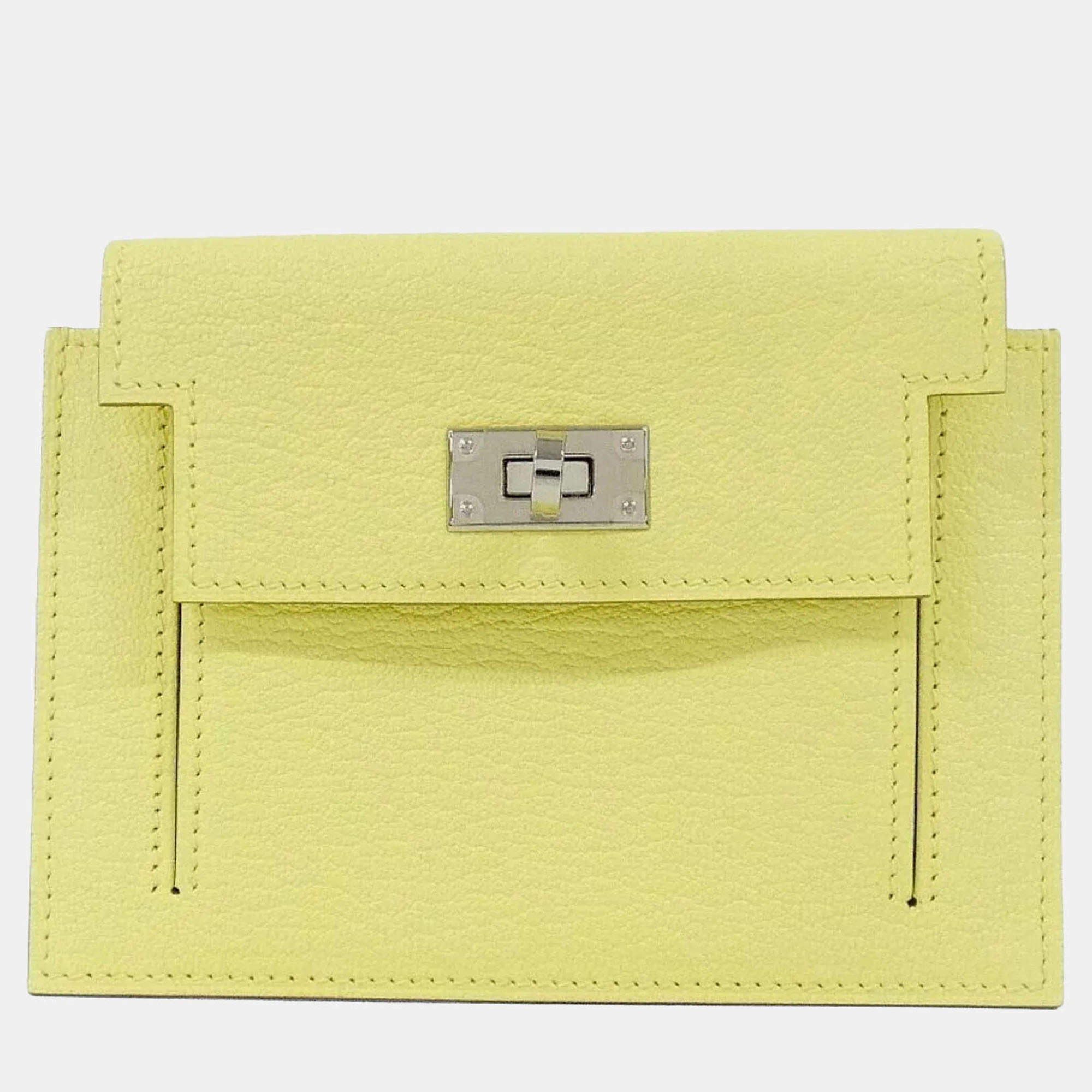 Pre Owned Hermes Kelly Pocket Compact Lime Chevre Mysore Leather Wallet