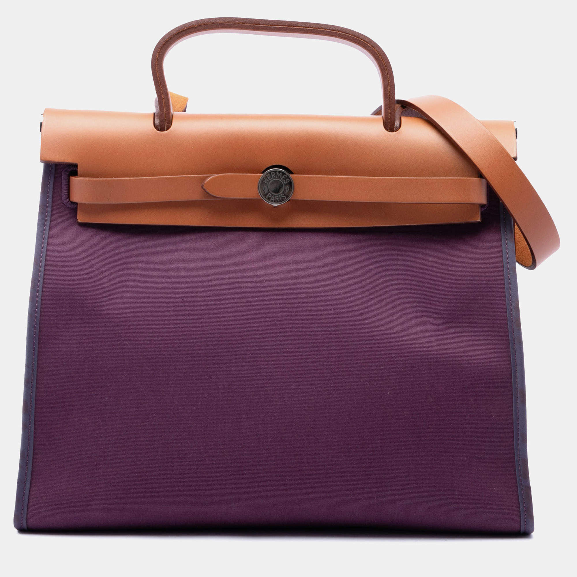 Pre Owned Hermes Herbag Zip 31 Cassis Toile Officier Canvas Vache Hunter Leather Top Handle Bag