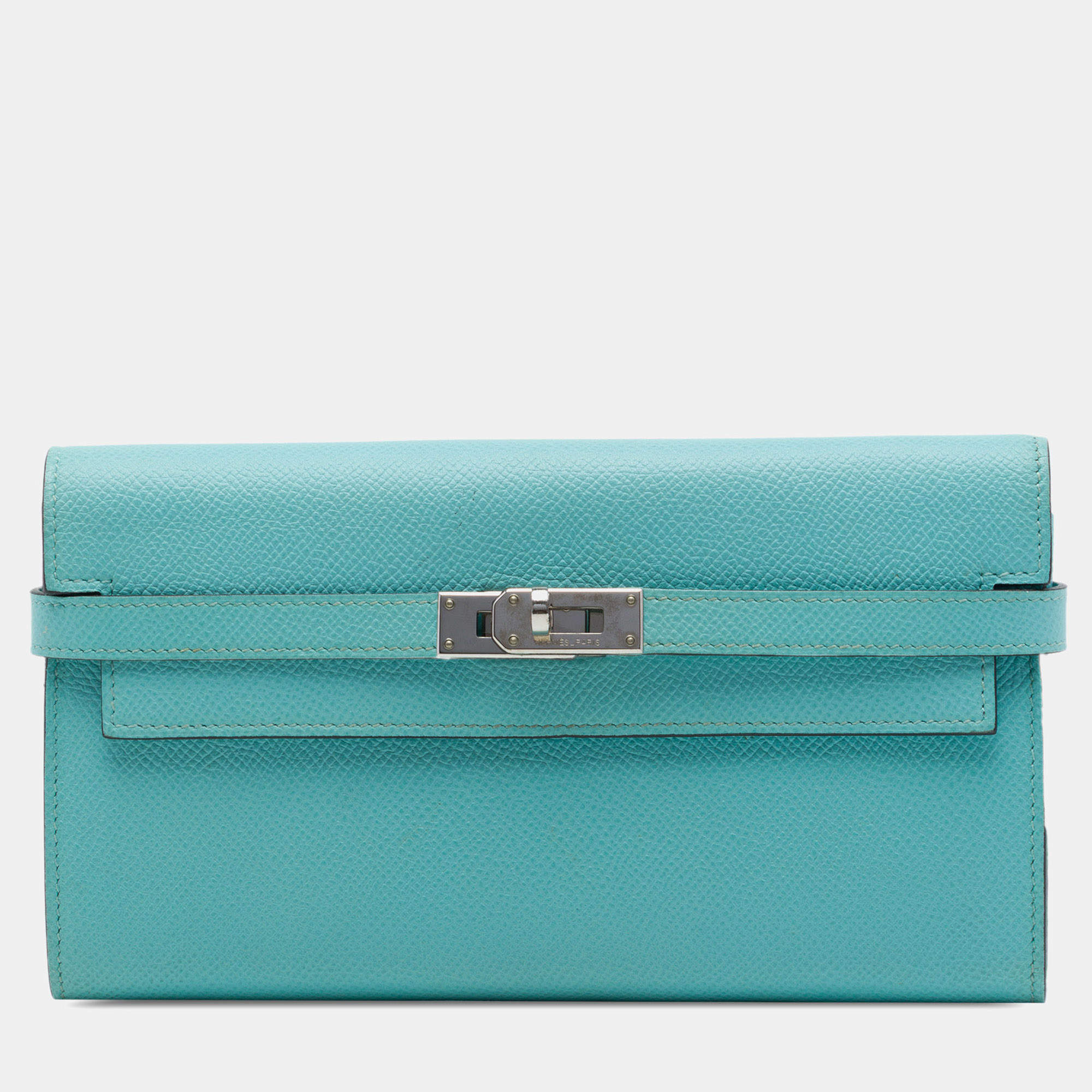 Pre Owned Hermes Kelly Longue Bleu Atoll Epsom Calfskin Leather Long Wallet 