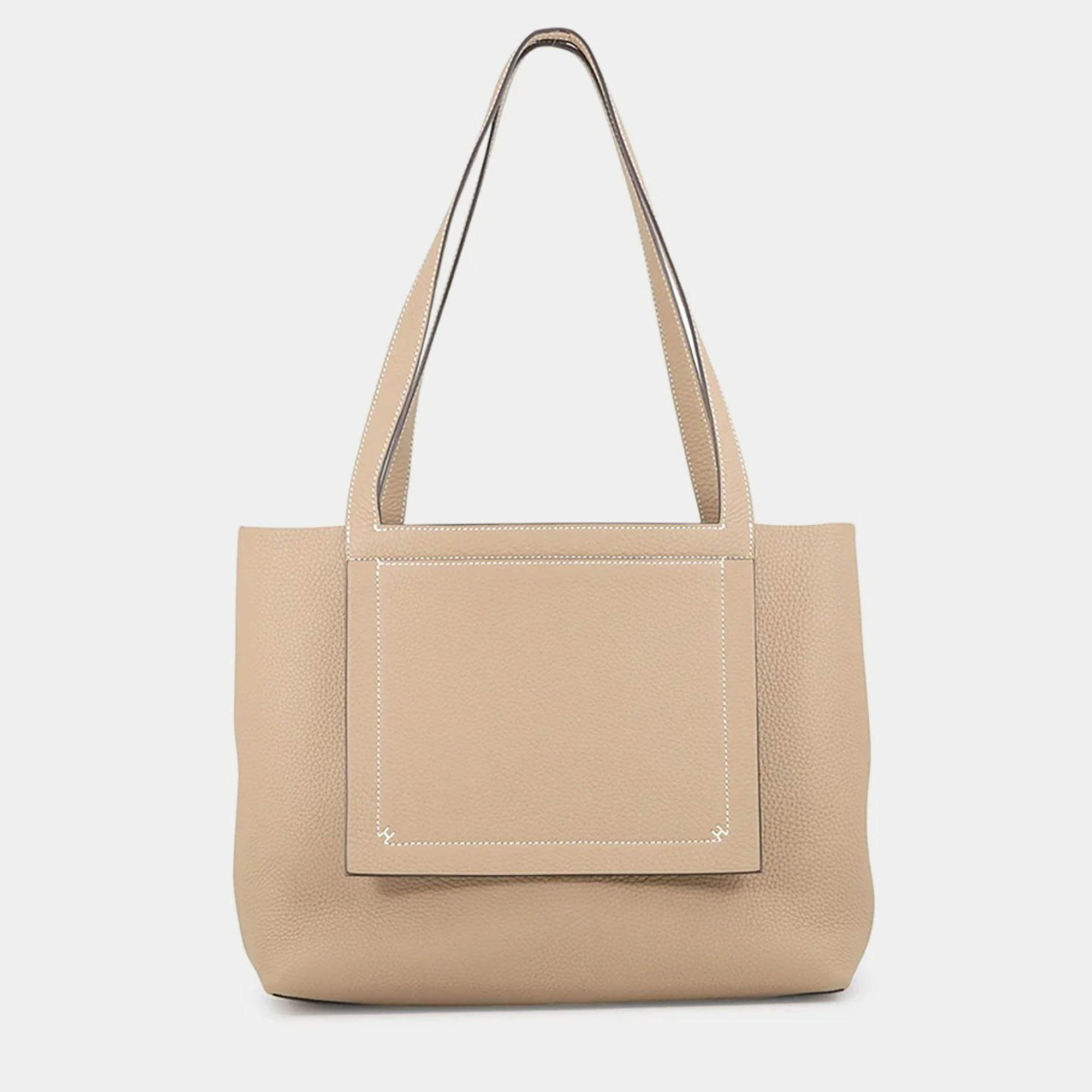 Pre Owned Hermes Cabas Sellier 31 Beige Marfa Taurillon Clemence Leather Tote Bag