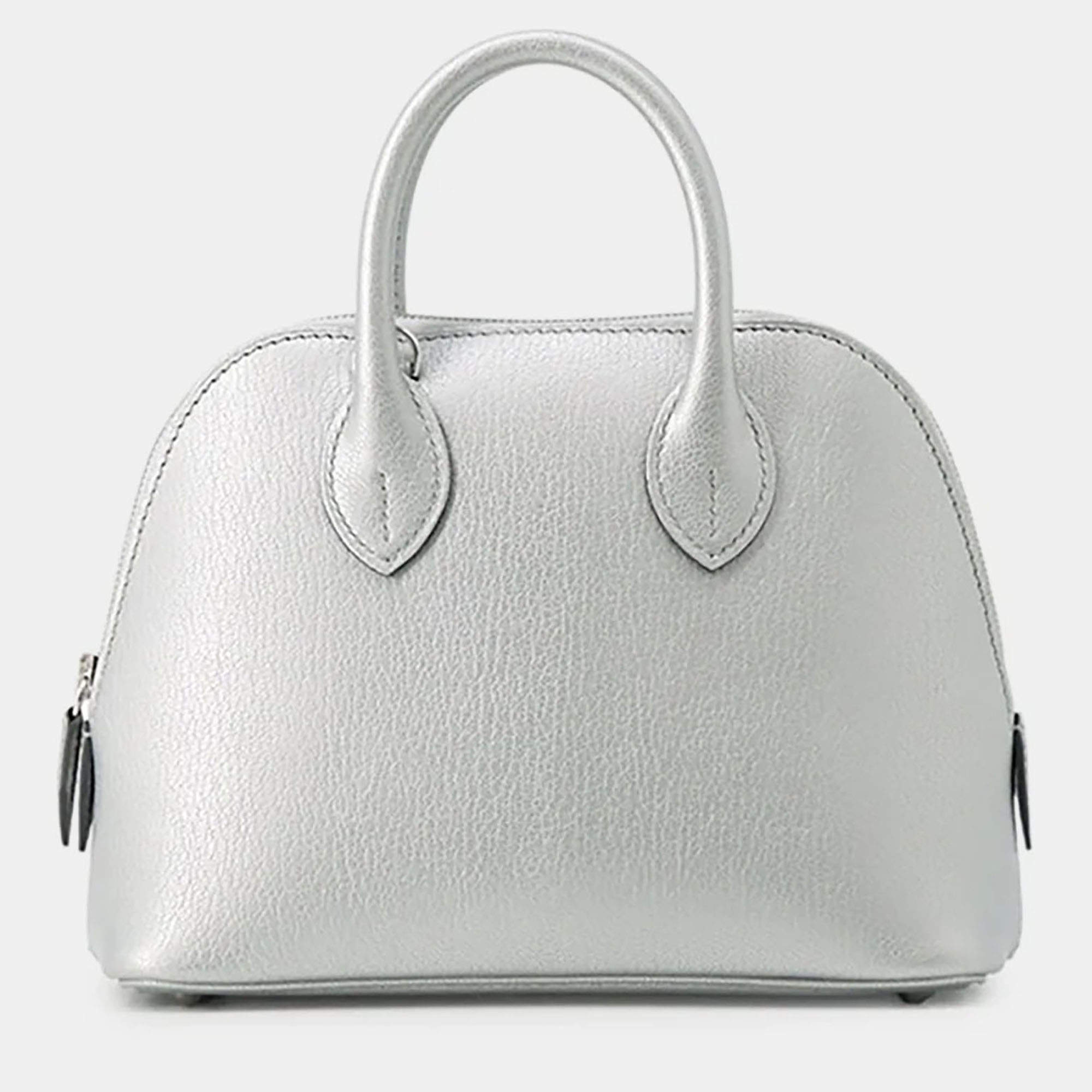 Pre Owned Hermes Bolide 1923 Mini Argent Chevre Shagreen Leather Top Handle Bag