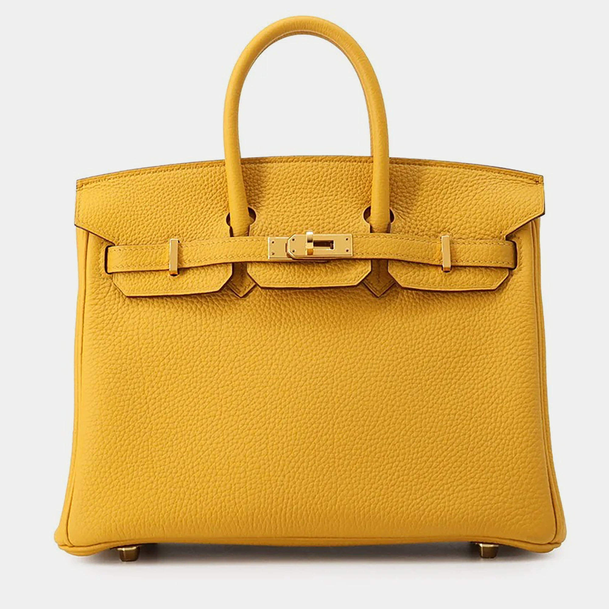 Pre Owned Hermes Birkin 25 Jaune Ambre Togo Calfskin Leather Top Handle Bag