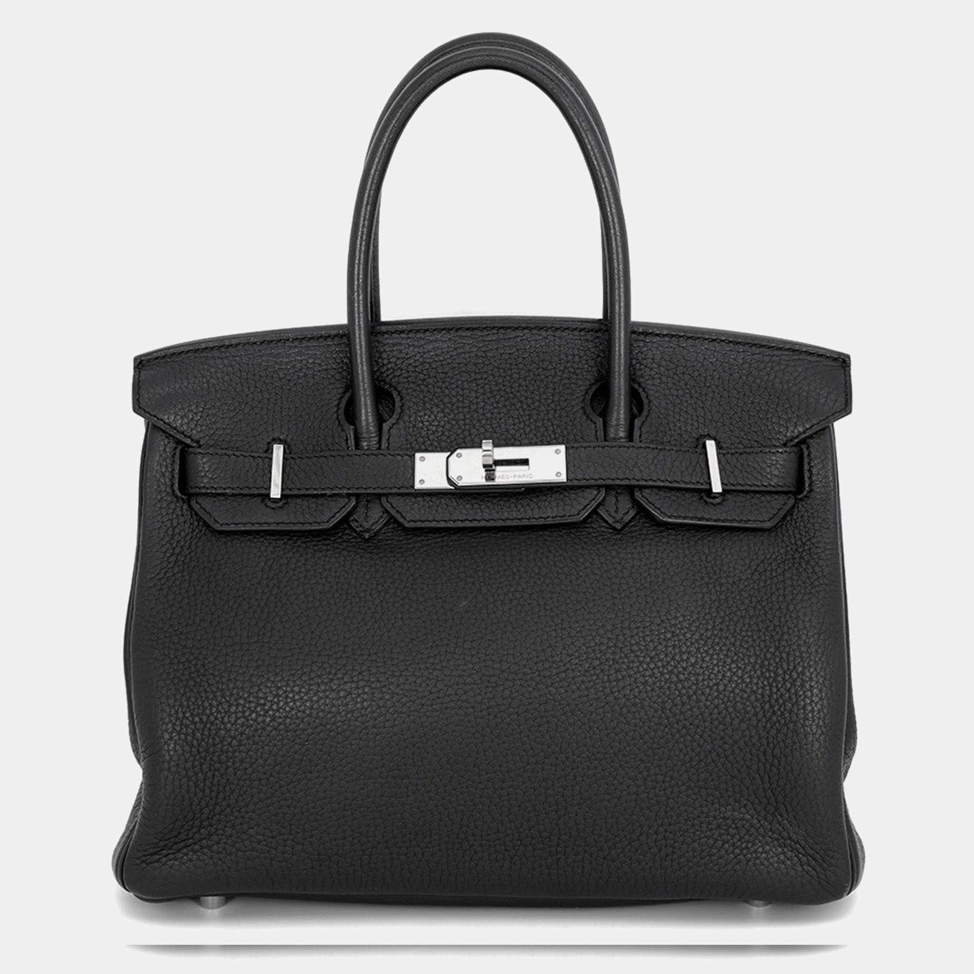 Pre Owned Hermes Birkin 30 Black Taurillon Clemence Leather Top Handle Bag