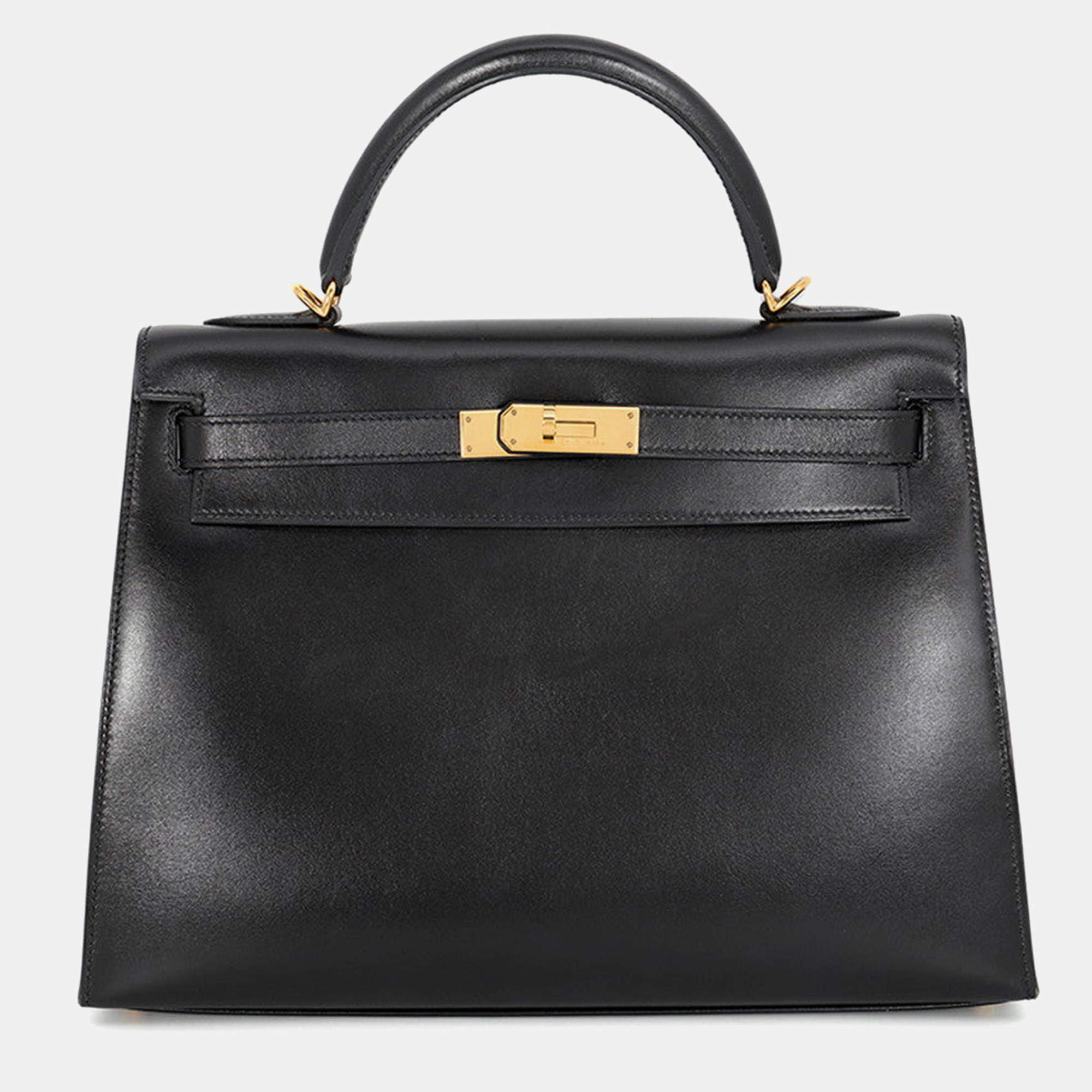 Pre Owned Hermes Kelly Sellier 32 Black Box Calfskin Leather Top Handle Bag