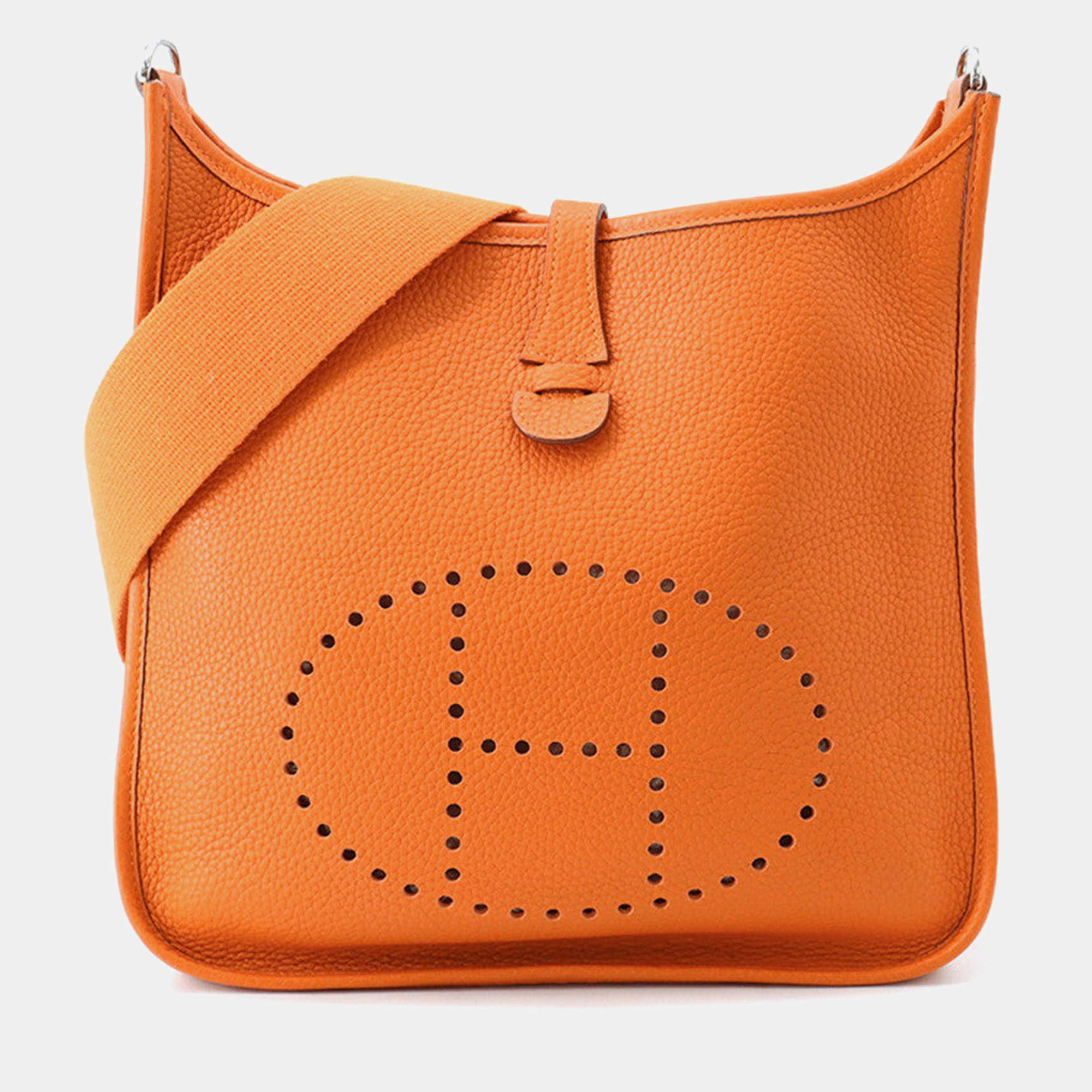 Pre Owned Hermes Evelyne PM Orange Taurillon Clemence Leather Crossbody Bag