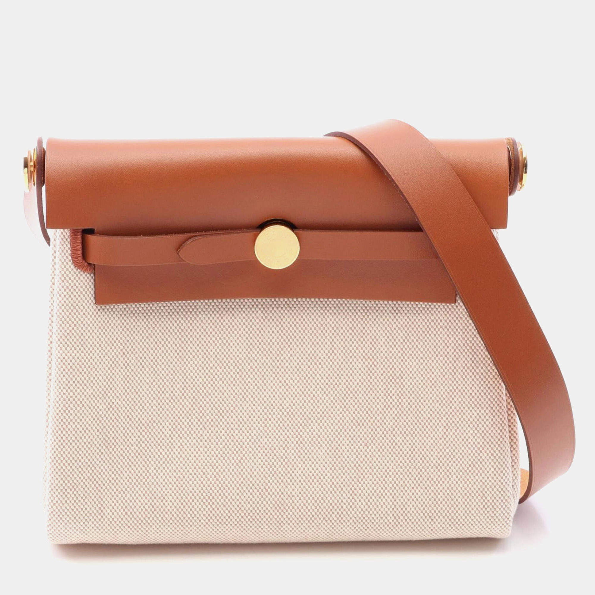 Pre Owned Hermes Herbag Zip 20 Ecru Fauve Toile H Vache Hunter Leather Shoulder Bag