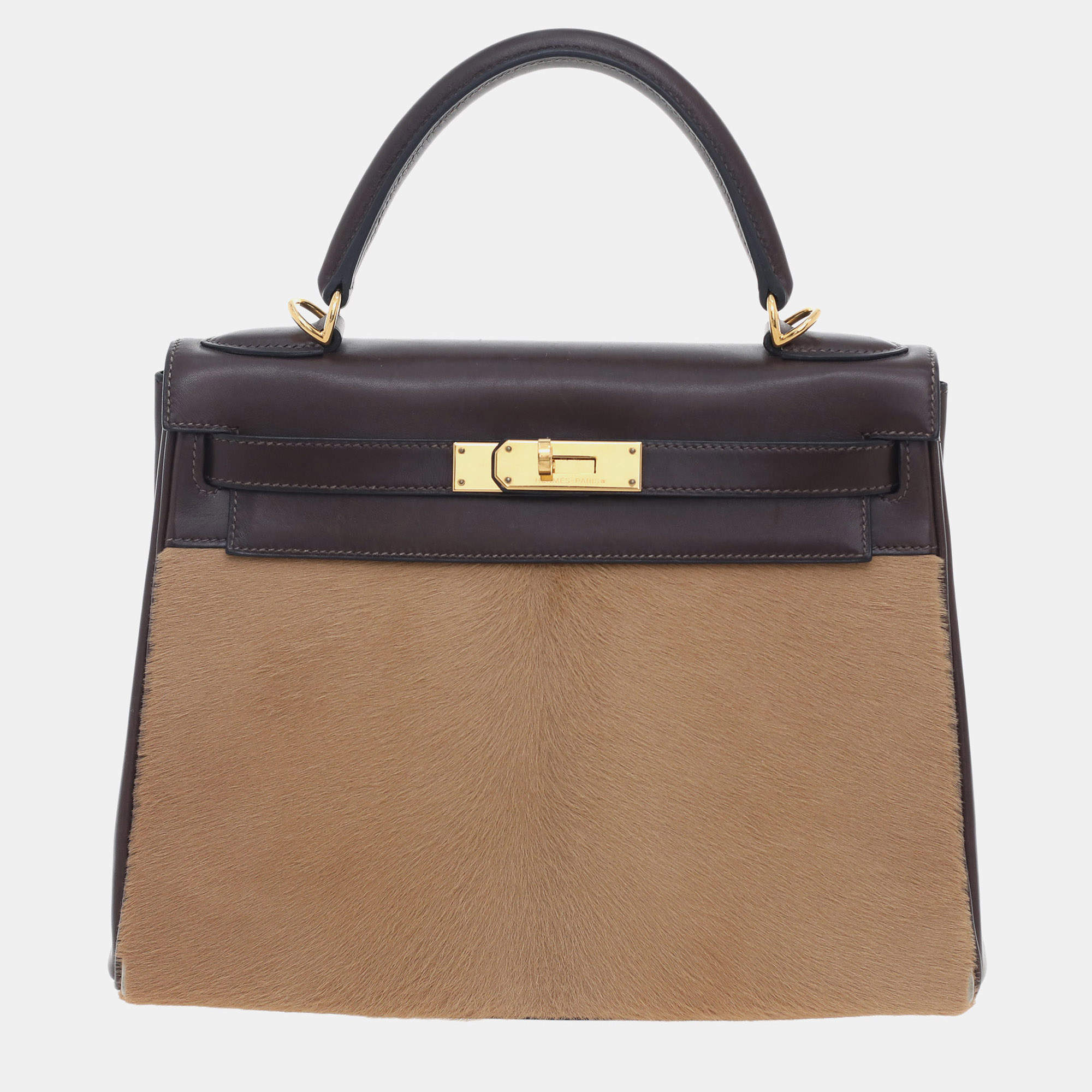Pre Owned Hermes Troika Kelly 28 Leather Pony Hair Bag