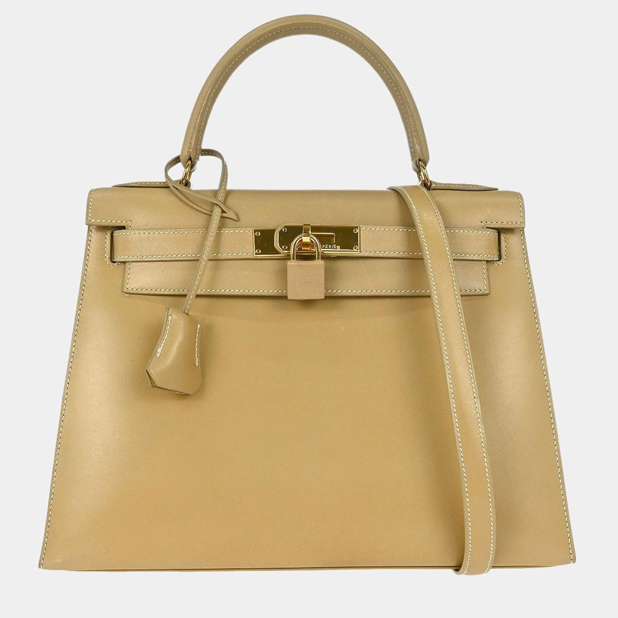 Pre Owned Hermes Kelly 28 Beige Box Calfskin Leather Sellier Top Handle