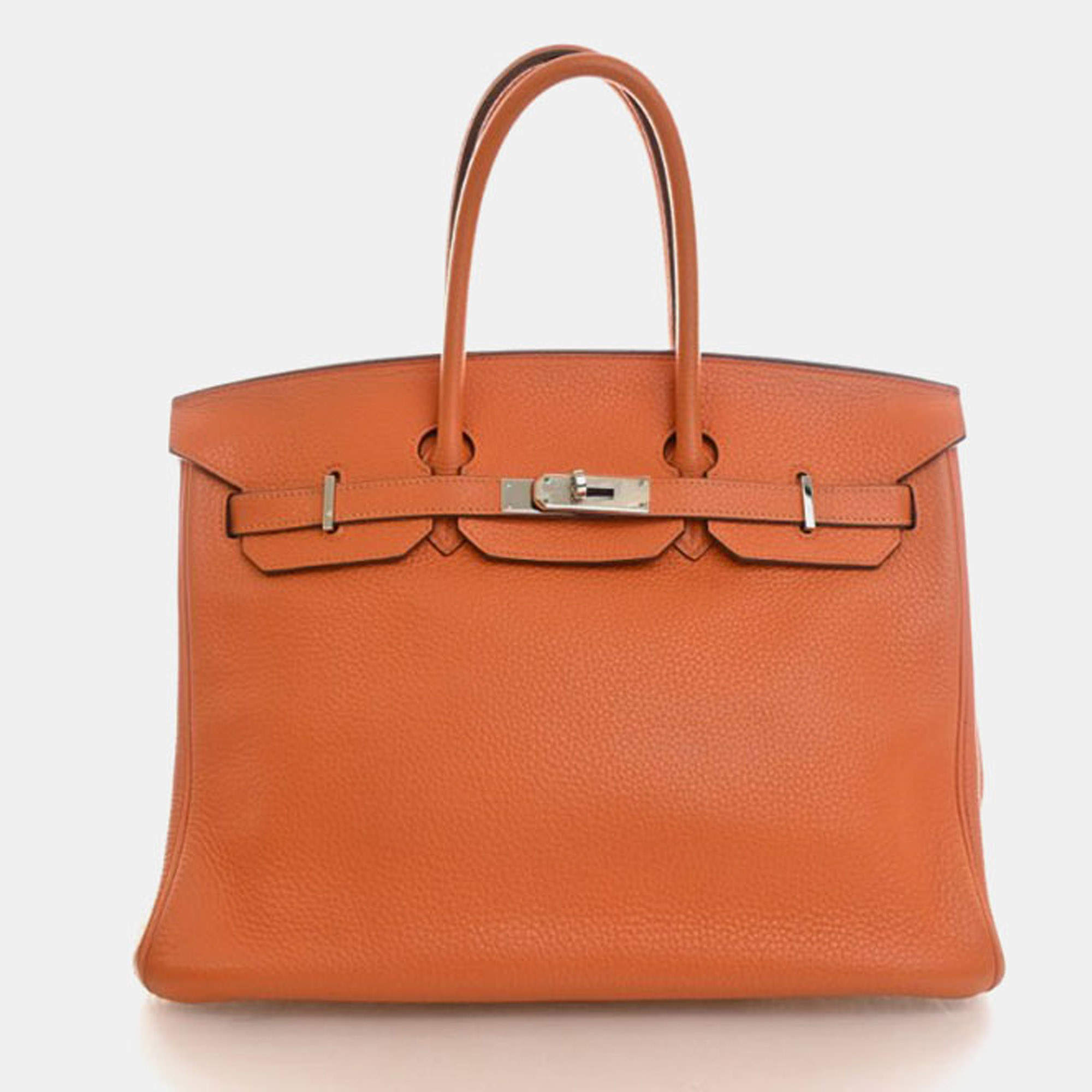 Pre Owned Hermes Birkin 35 Orange H Clemence Leather Top Handle Bag