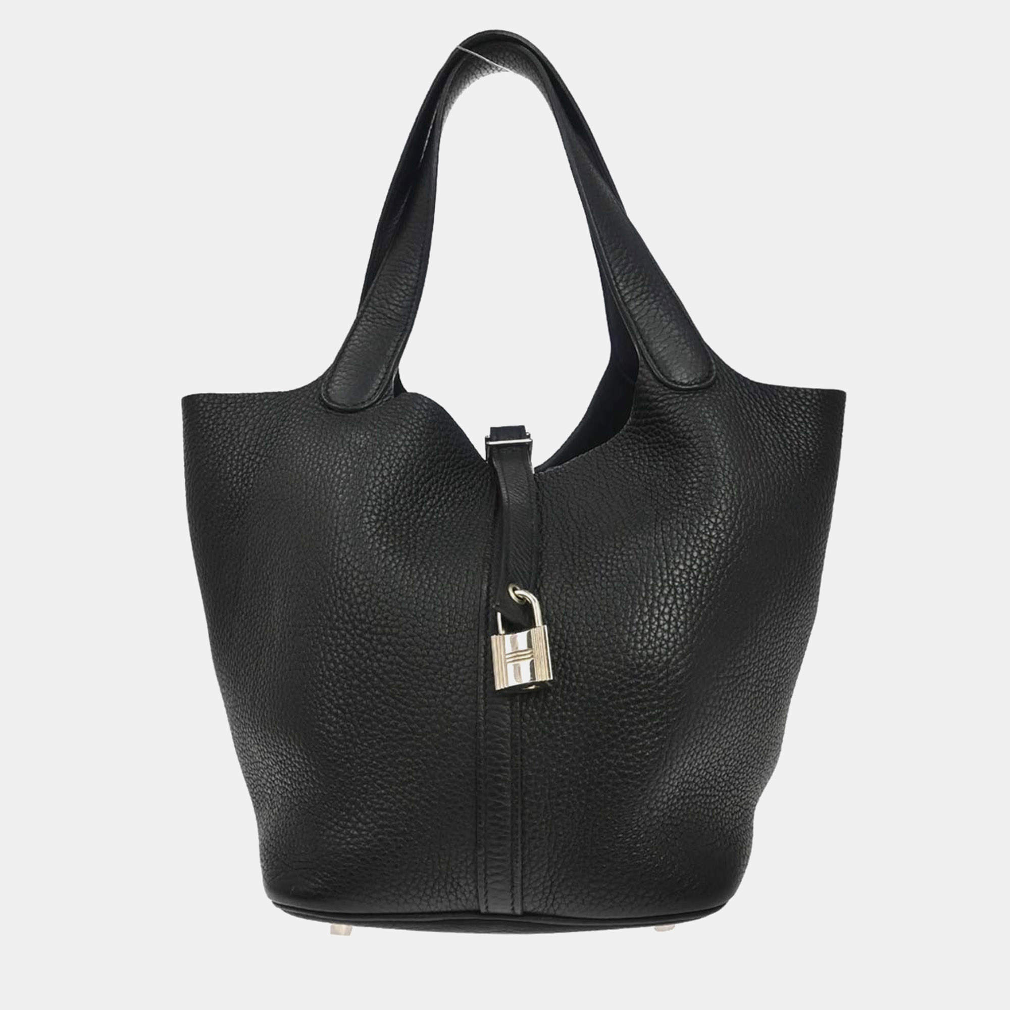Pre Owned Hermes Picotin Lock 22 Noir Clemence Calfskin Leather Top Handle Bag