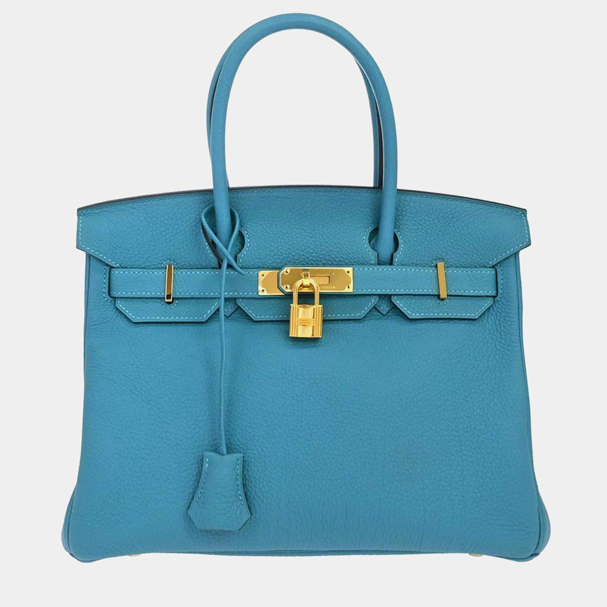 Pre Owned Hermes Birkin 30 Bleu Izmir Togo Calfskin Leather Top Handle Bag