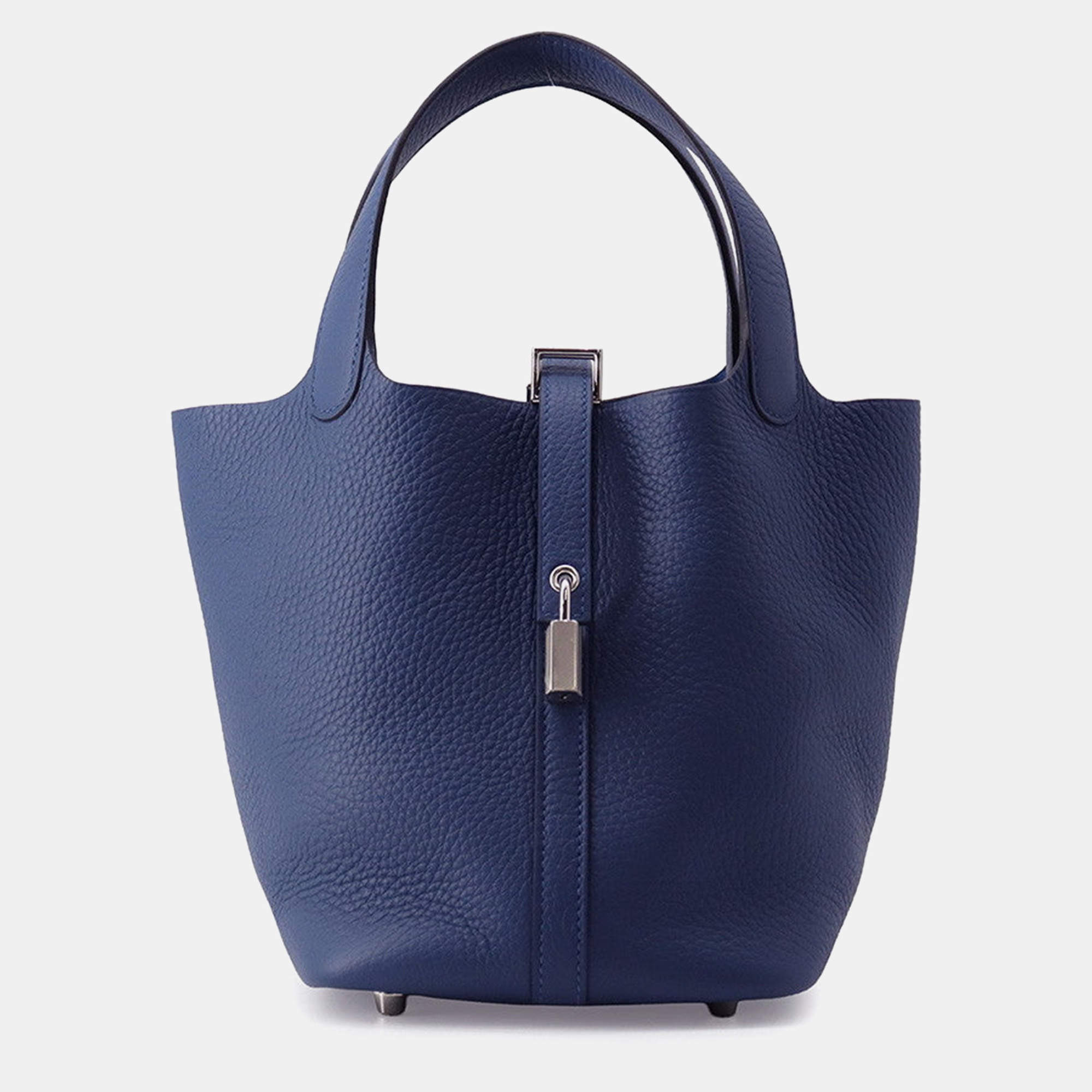 Pre Owned Hermes Picotin Lock PM Blue Tie Taurillon Clemence Leather Top Handle Bag