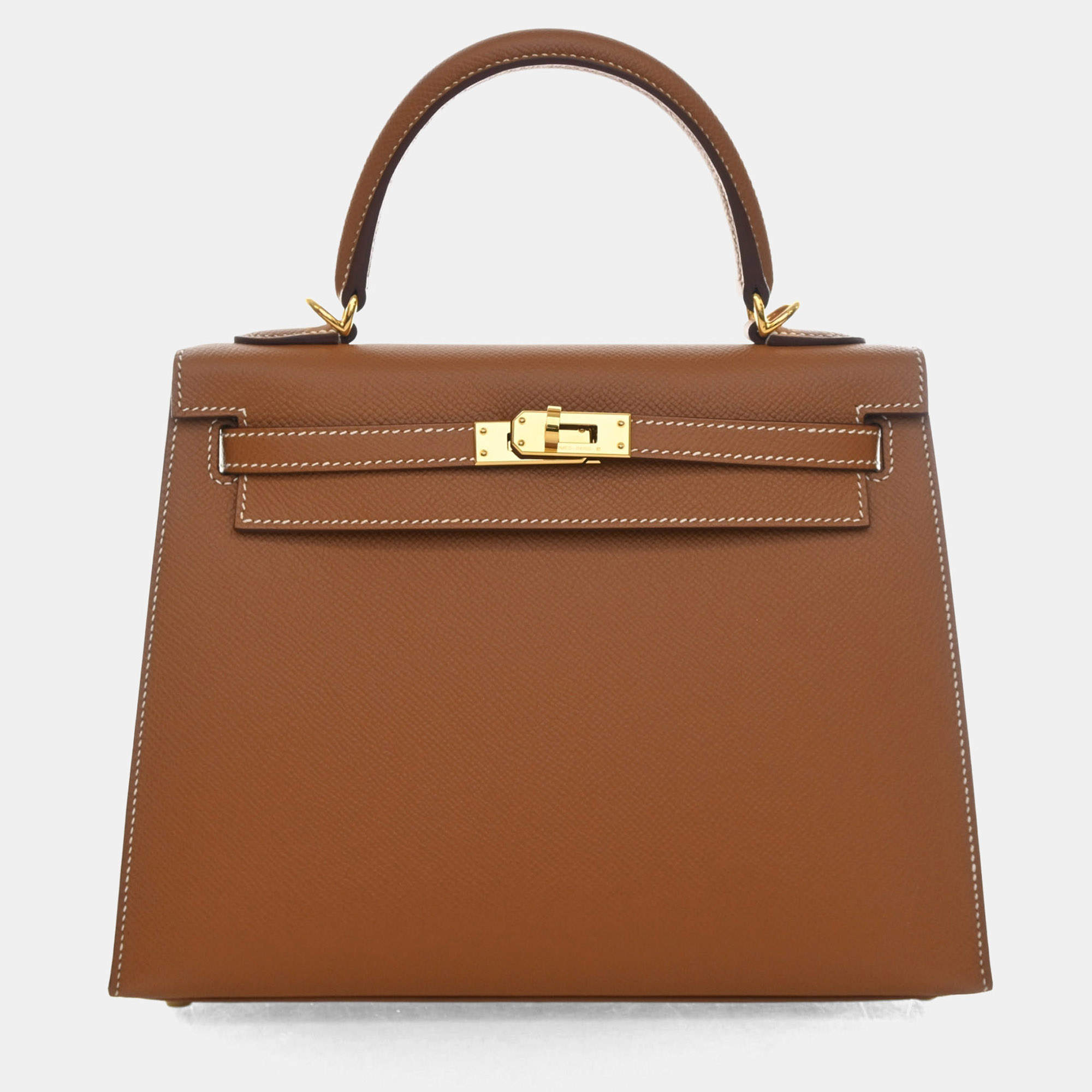 Pre Owned Hermes Kelly 25 Gold Epsom Calfskin Leather Sellier Top Handle Bag