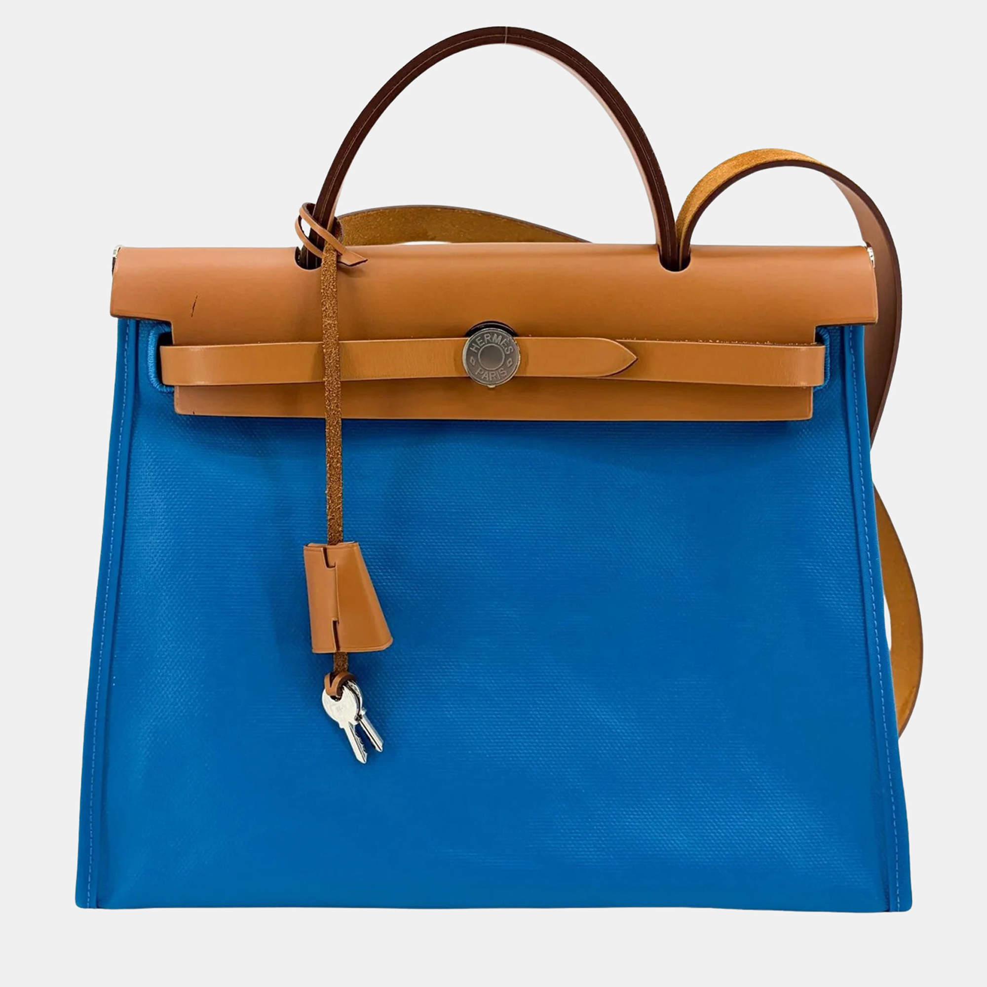 Pre Owned Hermes Herbag Zip 31 Blue Military Canvas Vache Hunter Leather Top Handle Bag
